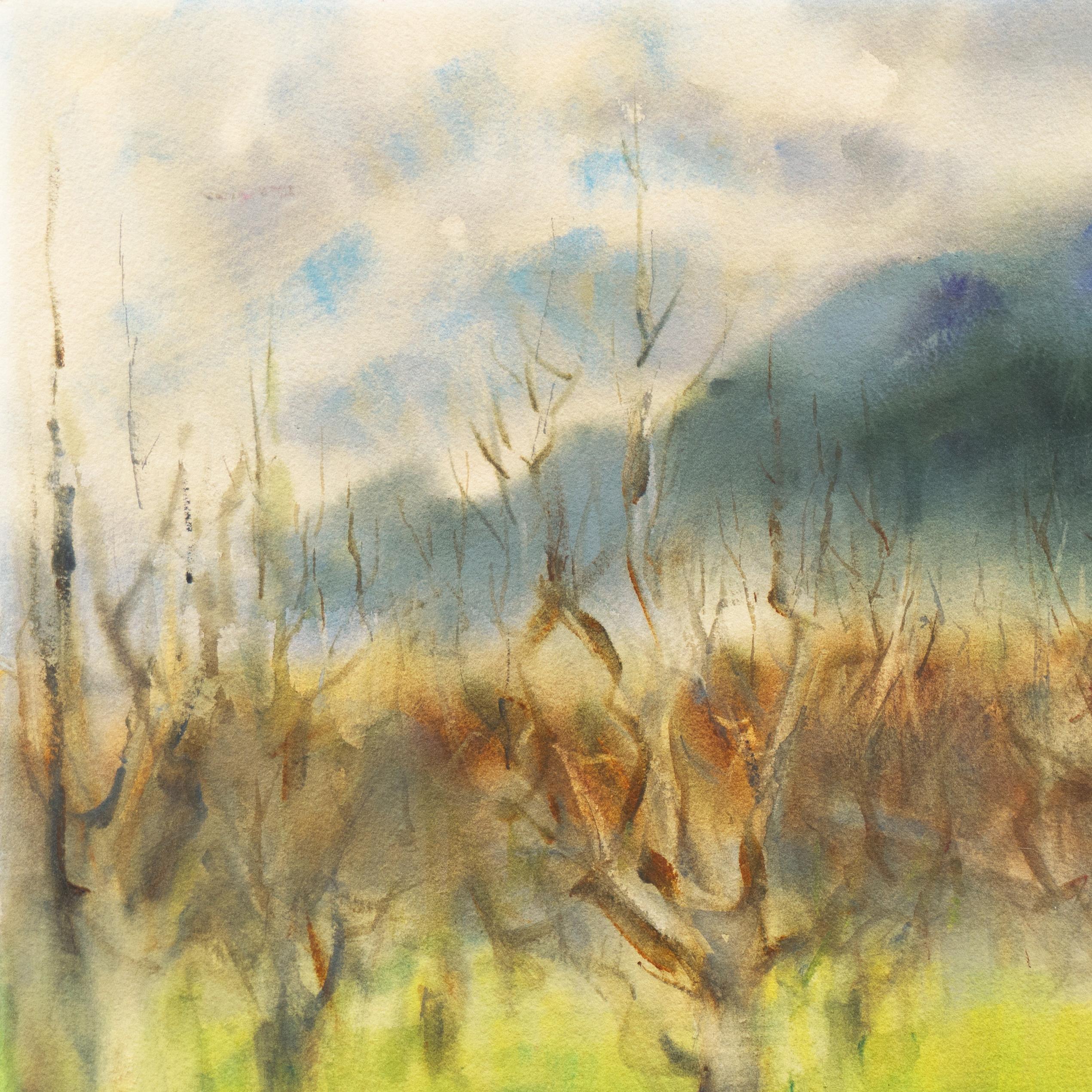 'Grove of Trees in a Misty Landscape', Woman Artist, American Watercolor Society - Brown Landscape Art by Marie McDonnell Roberts
