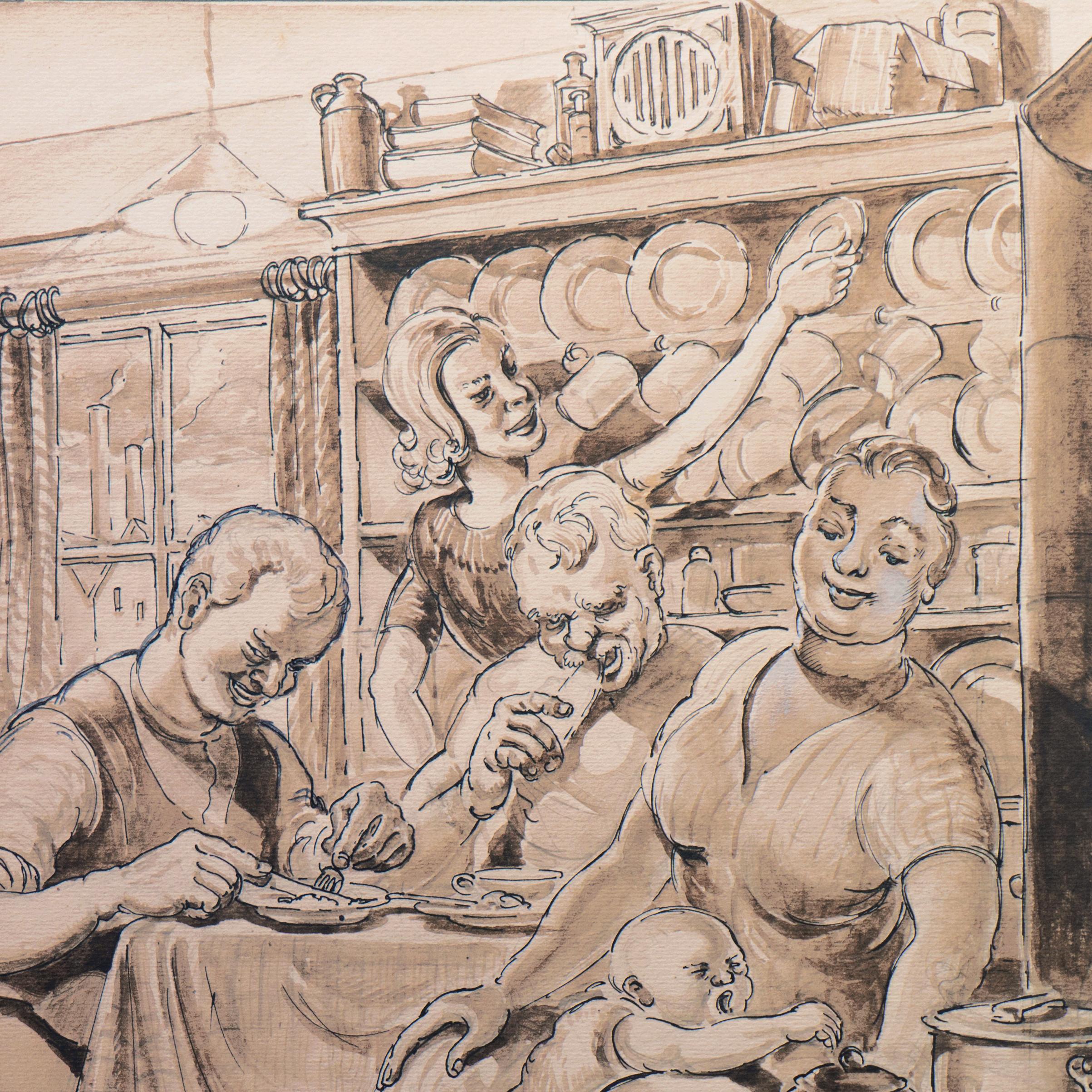 'The Working Class Enjoying a Meal', Satire of Capitalism, Proletarian - Realist Art by Antonio Manganaro