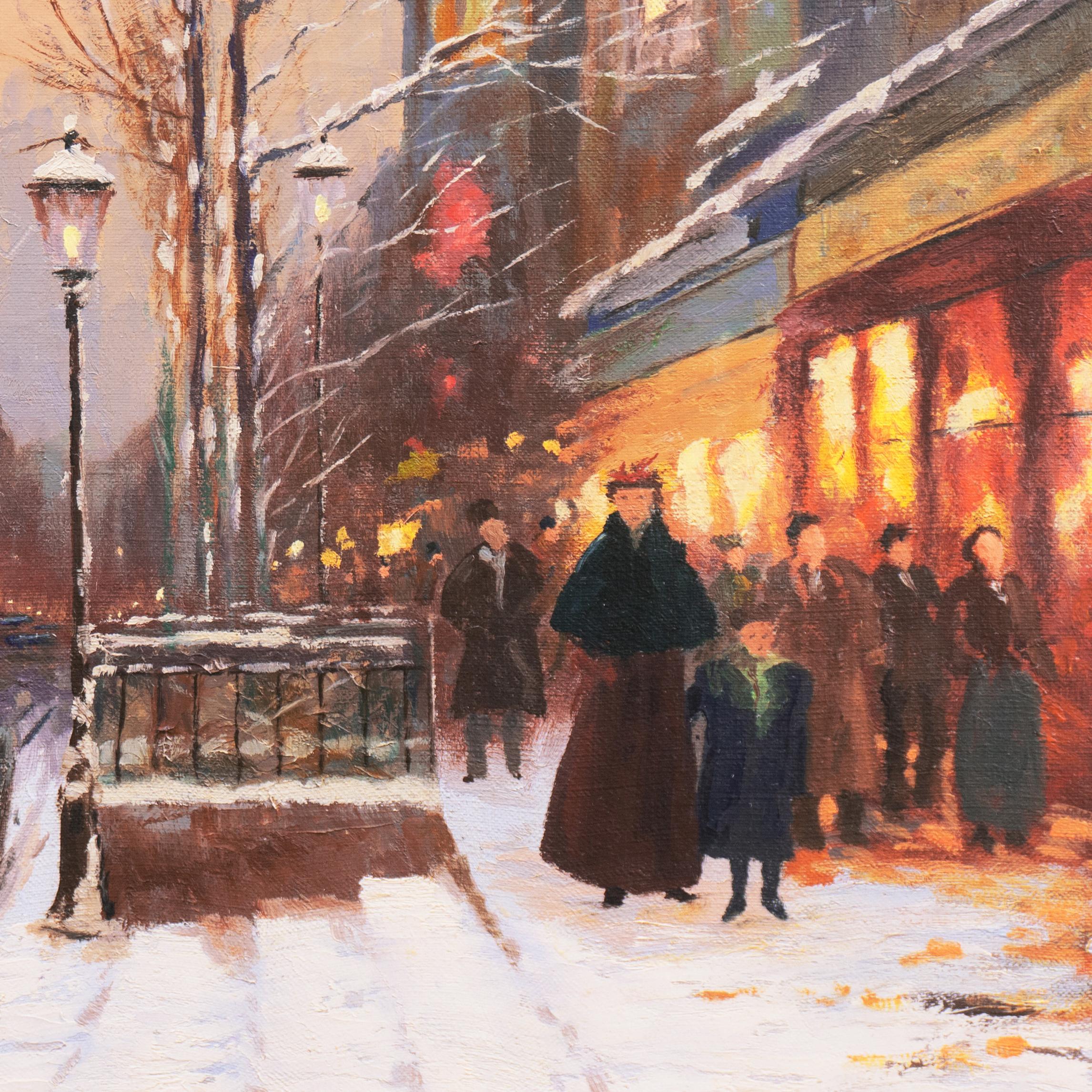 'Porte St. Denis, Paris', Rue du Faubourg, Impressionist Winter Snow Scene oil - Brown Landscape Painting by A. Degen