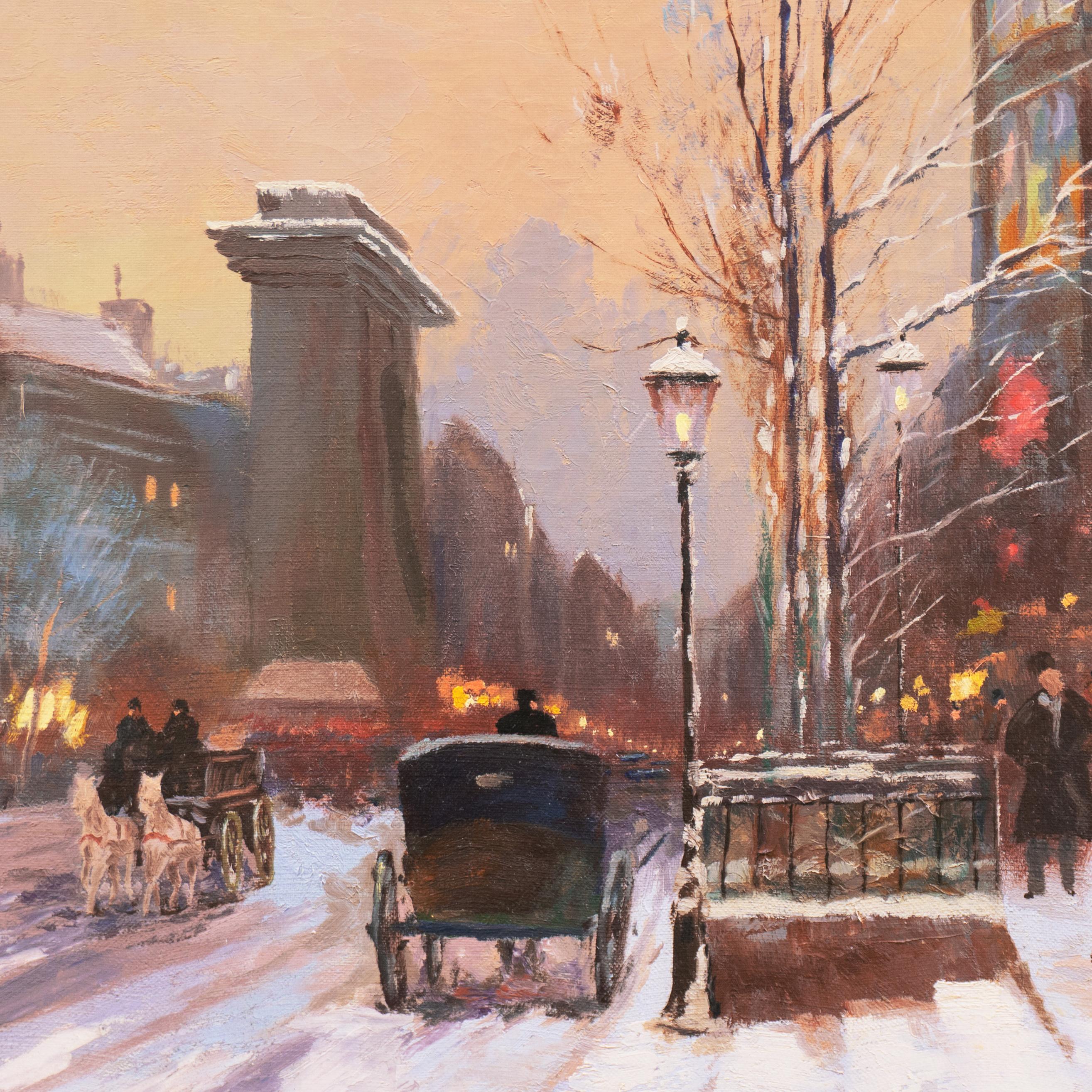 Signed lower right, 'A. Degen' (French, 20th century), titled lower left, 'Paris - Porte St. Denis' and painted circa 1960.

A jewel-like oil painting of this Parisian landmark showing shoppers and pedestrians walking in the snowy sidewalks by the
