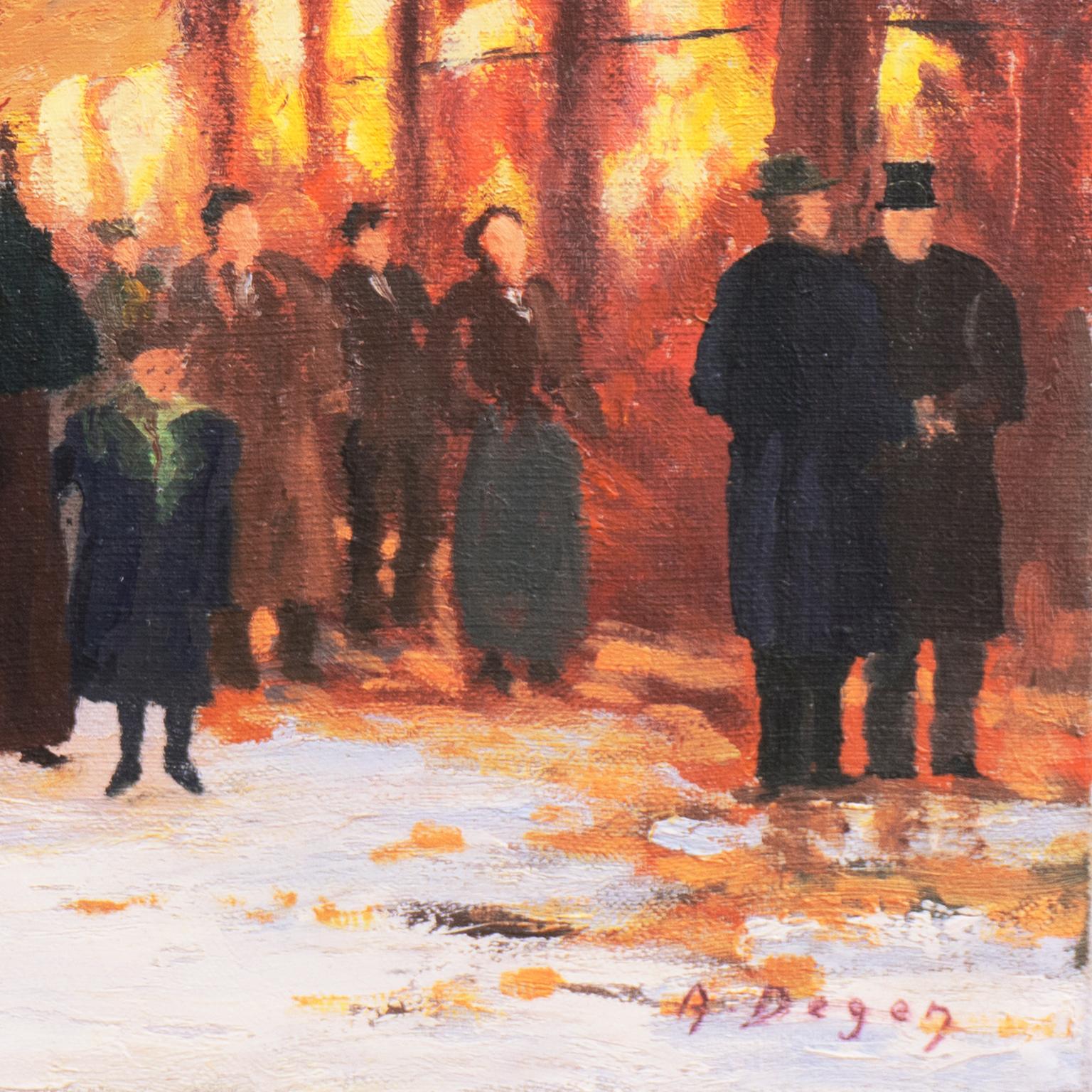 'Porte St. Denis, Paris', Rue du Faubourg, Impressionist Winter Snow Scene oil - Painting by A. Degen
