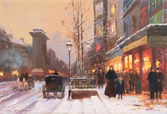 'Porte St. Denis, Paris', Rue du Faubourg, Impressionist Winter Snow Scene oil