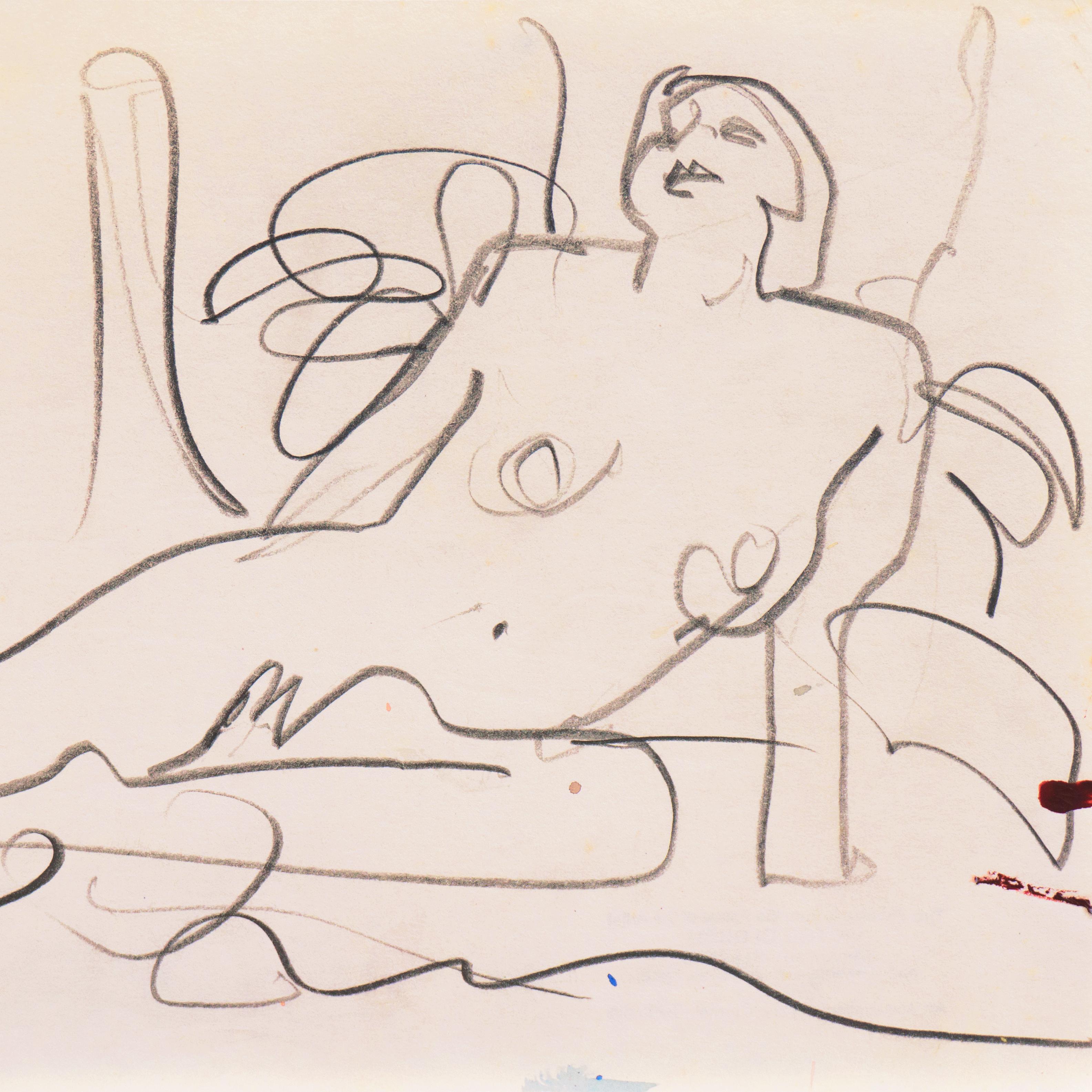 Di Gesu Estate Stempel verso für Victor di Gesu (Amerikaner, 1914-1988) und geschaffen ca. 1955.

Eine elegante, freihändige Skizze einer jungen Frau mit Bobschnitt, die nackt und mit zurückgeworfenem Kopf auf einer Decke liegend dargestellt ist.