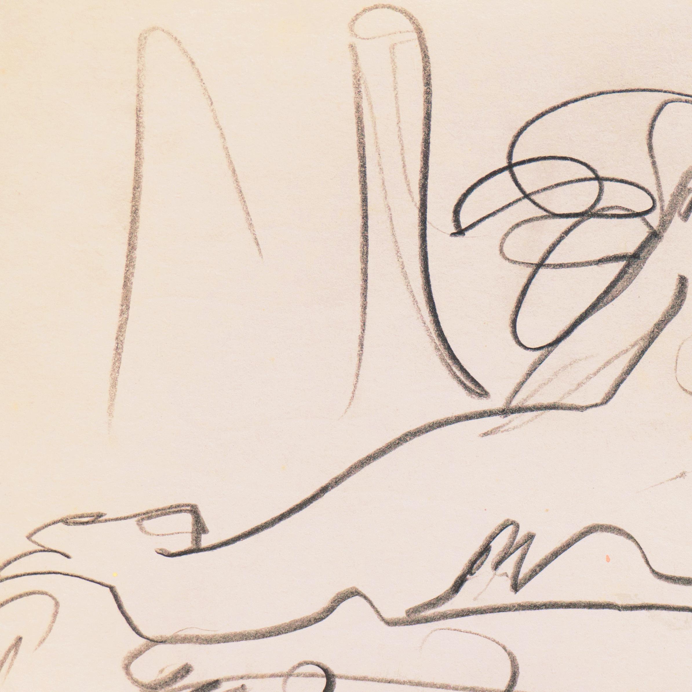 Di Gesu Estate Stamp verso for Victor di Gesu (American, 1914-1988) and created circa 1955.

An elegant, freehand sketch of a young woman with a bob cut, shown naked and reclining on a blanket with her head thrown back. 

Winner of the Prix Othon