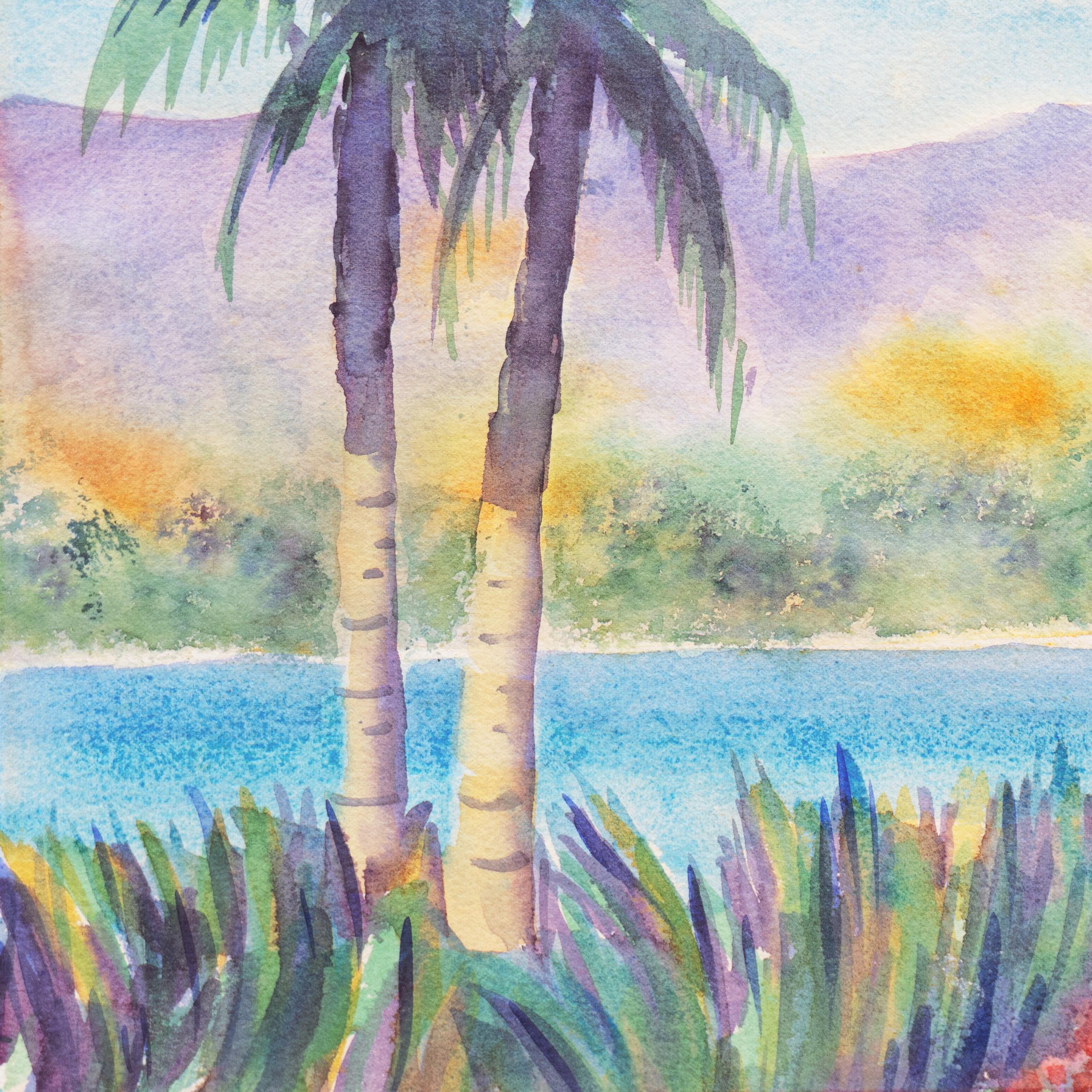 'Tropical Lagoon', Impressionist Landscape with Palm Trees and Bougainvillea - Post-Impressionist Art by B. Metcalf