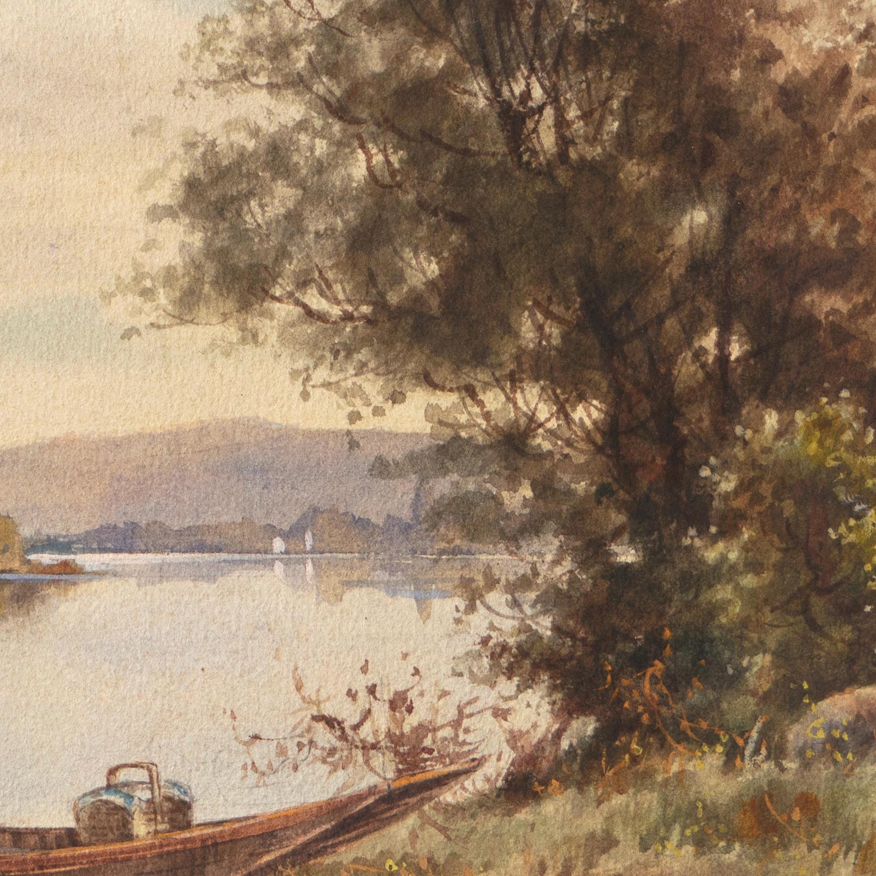 'A Picnic by the River', Early California Watercolorist - Beige Landscape Art by Albert Matthews