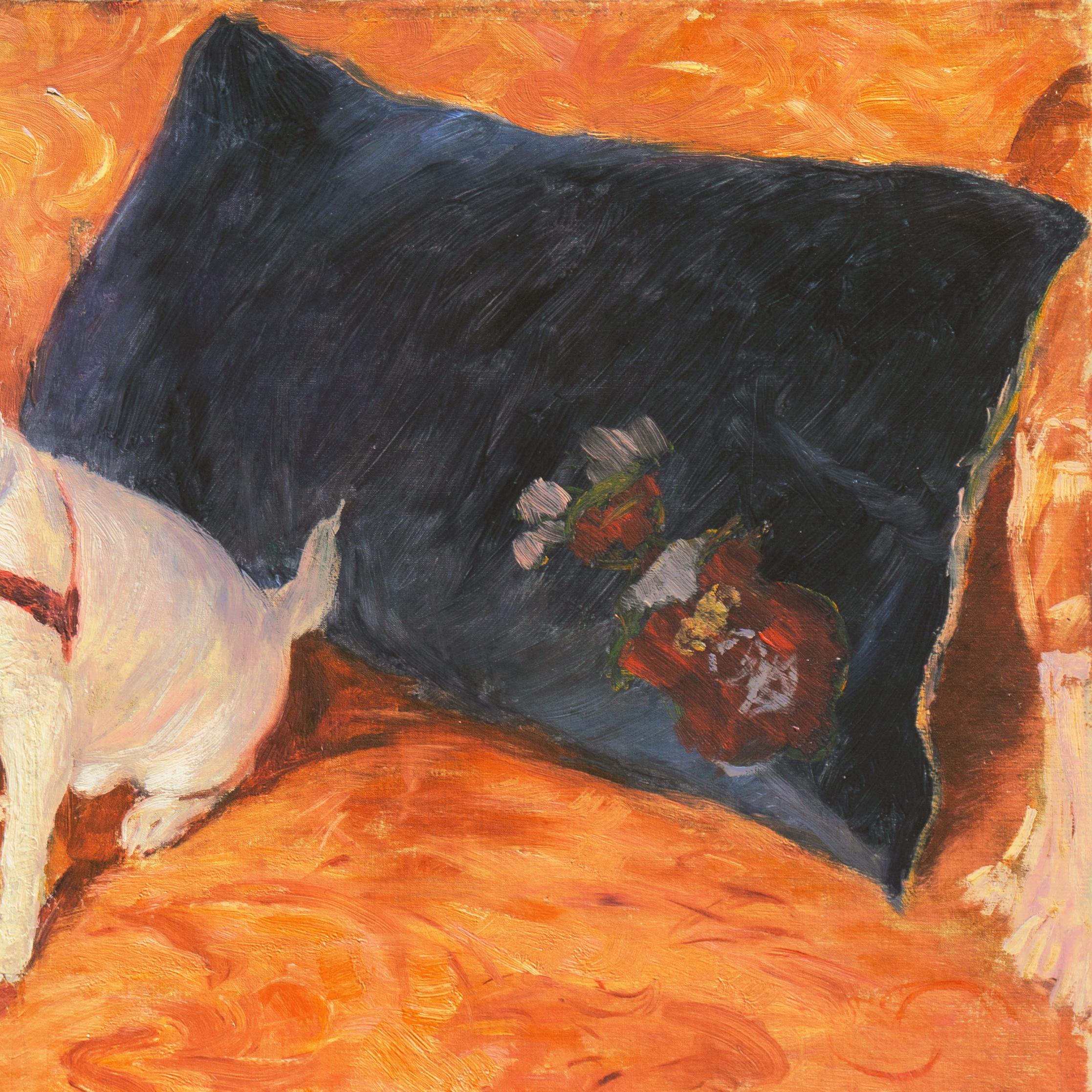 'Chihuahua on a Velvet Sofa', Académie Julian, Paris, Royal Academy, Benezit - Impressionist Painting by Carl Georg Arsenius