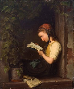 « A Quiet Moment », école de Munich, huile figurative allemande, Bremen, Jeune fille en train de lire