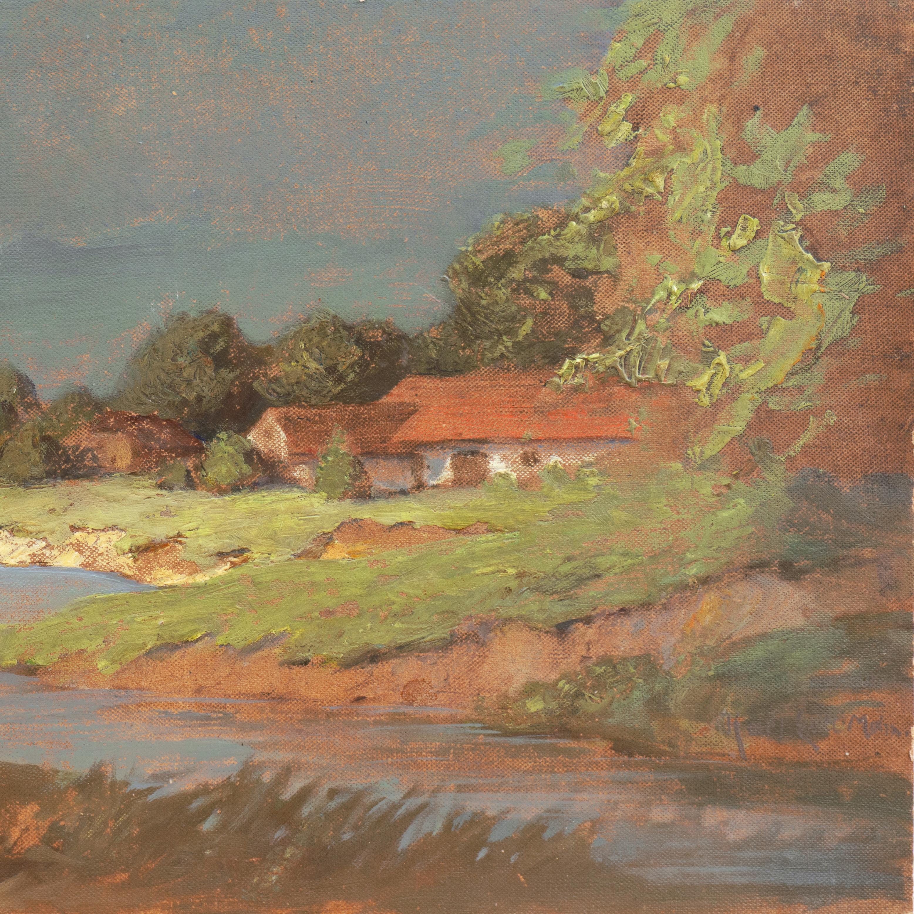 'Hungarian Landscape with Farmhouse', Munich School, National Academy, Budapest - Impressionist Painting by Endre Komaromi-Kacz