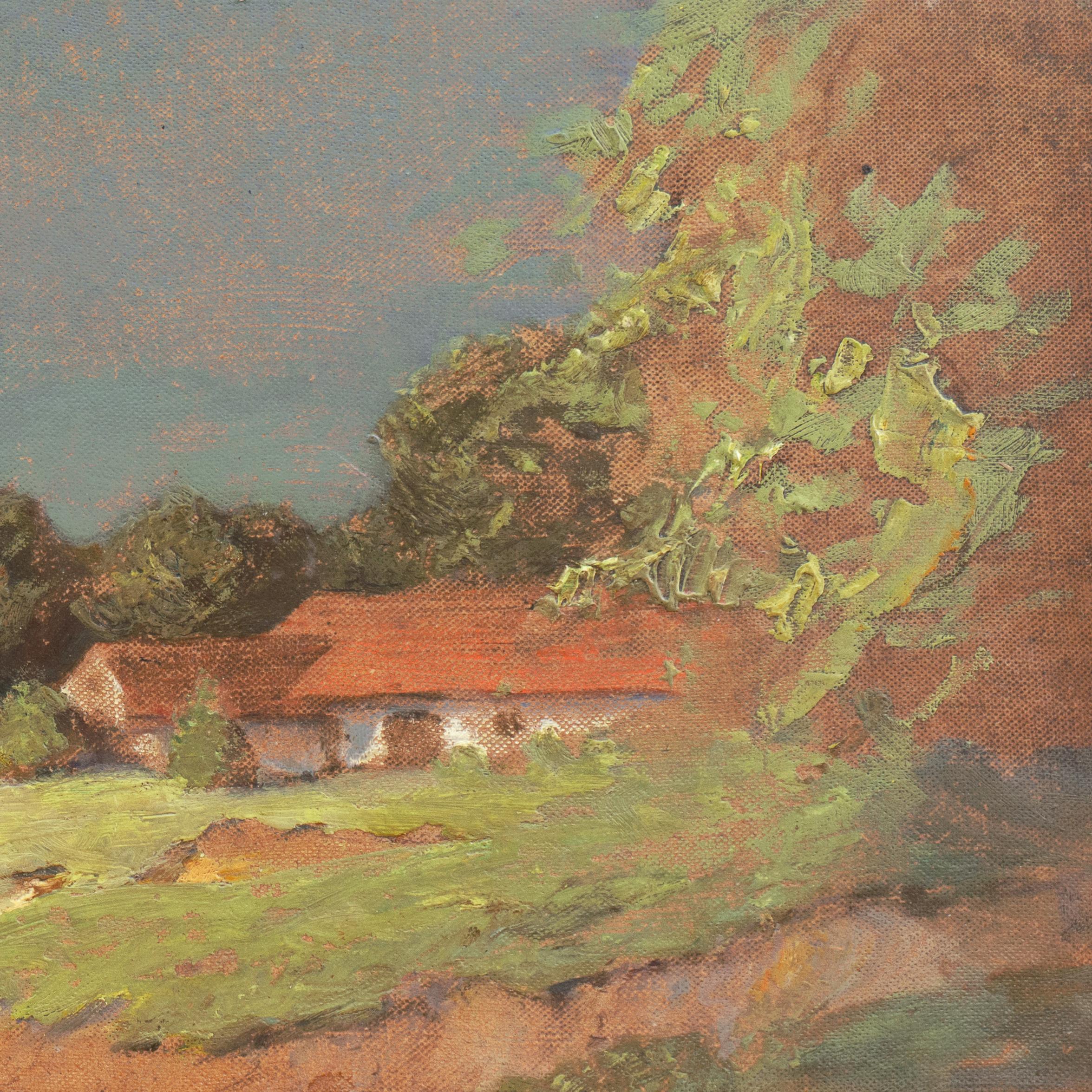 'Hungarian Landscape with Farmhouse', Munich School, National Academy, Budapest - Brown Landscape Painting by Endre Komaromi-Kacz