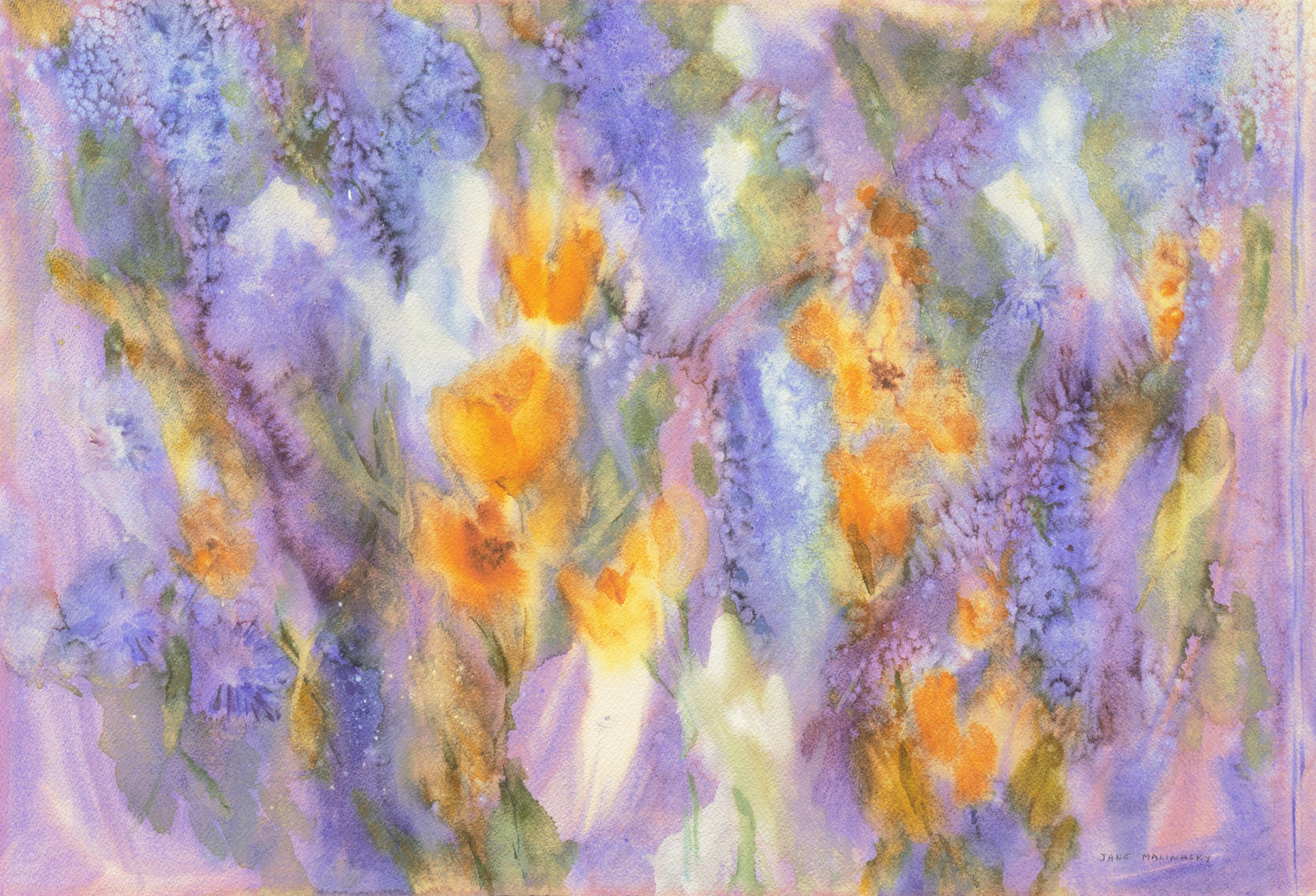 Jane Malinasky Abstract Drawing – Flieder und Tulpen'', abstrakte Blumenmalerei der amerikanischen Schule