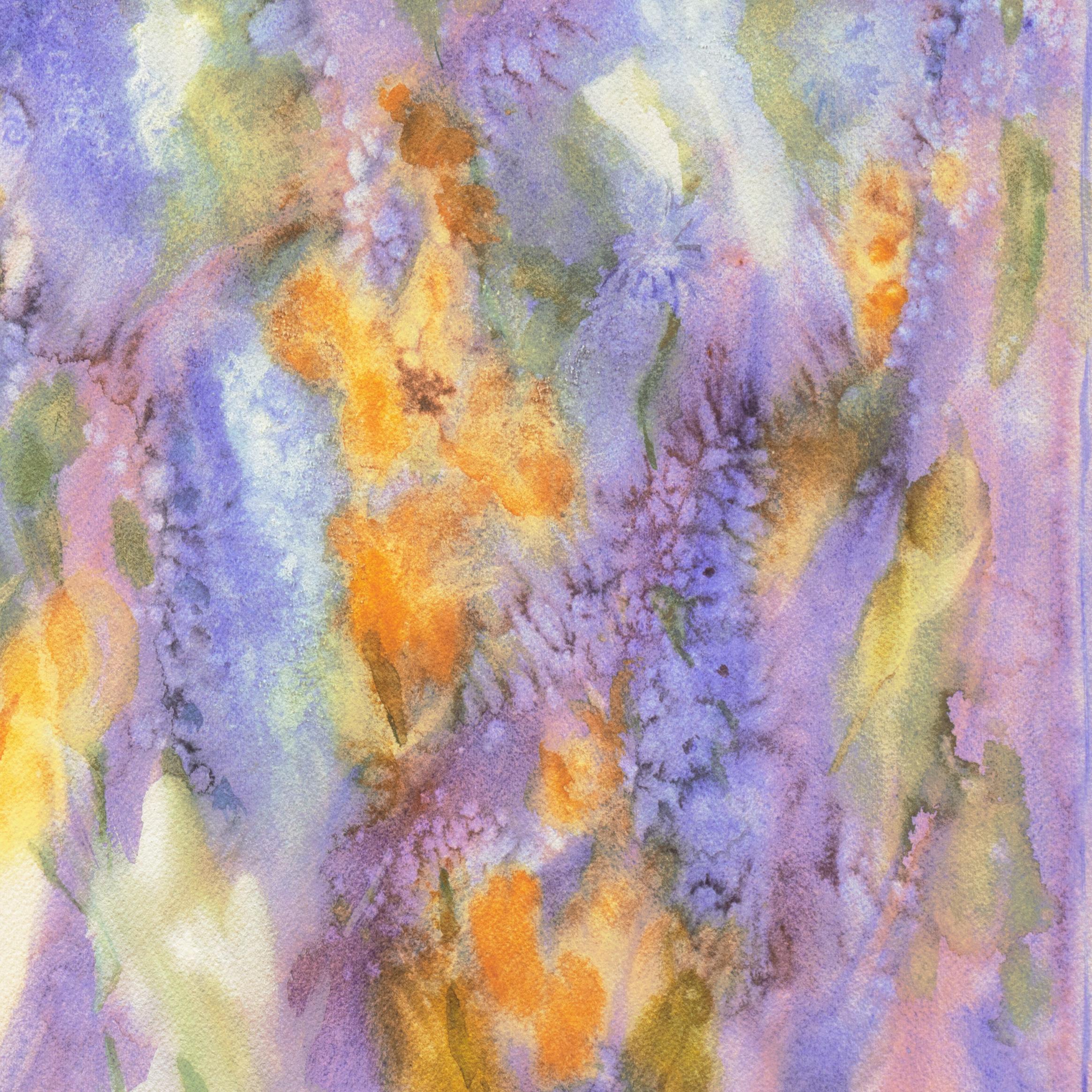 'Lilac and Tulips', American School Floral Abstraction - Gray Abstract Drawing by Jane Malinasky
