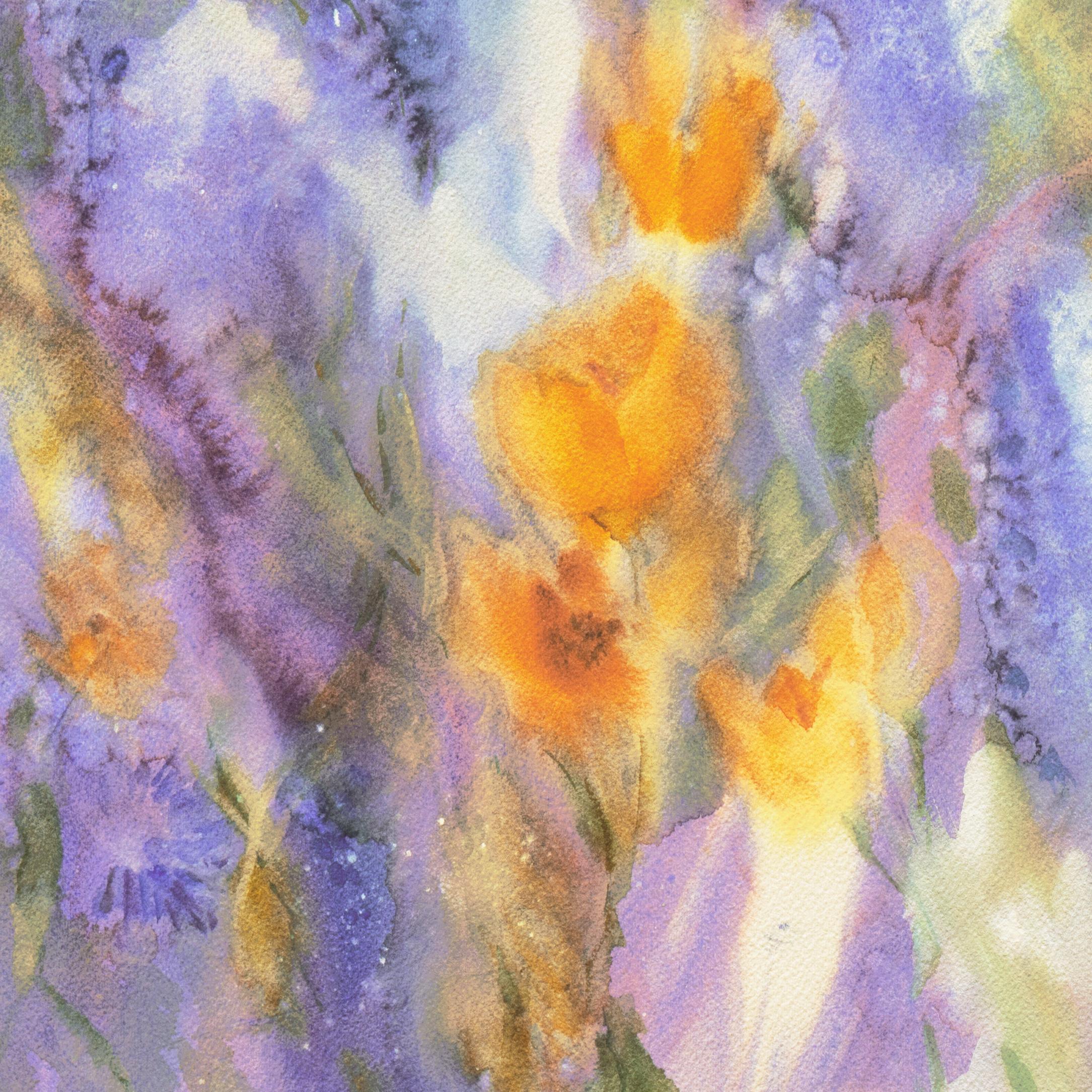 Flieder und Tulpen'', abstrakte Blumenmalerei der amerikanischen Schule (Grau), Abstract Drawing, von Jane Malinasky