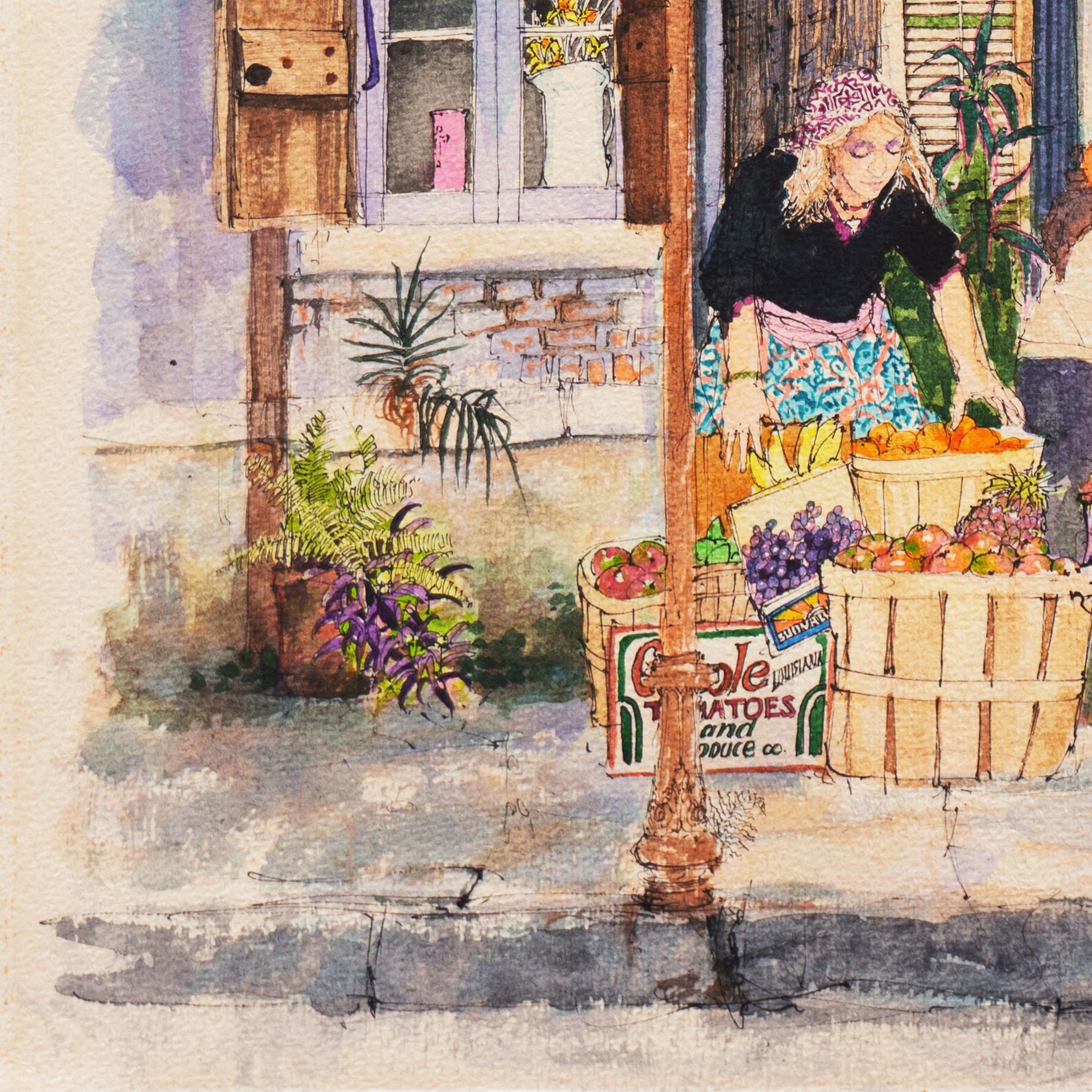 'Fruit Seller on the Banquette', New Orleans French Quarter, Louisiana - Beige Landscape Art by Tommy Thompson