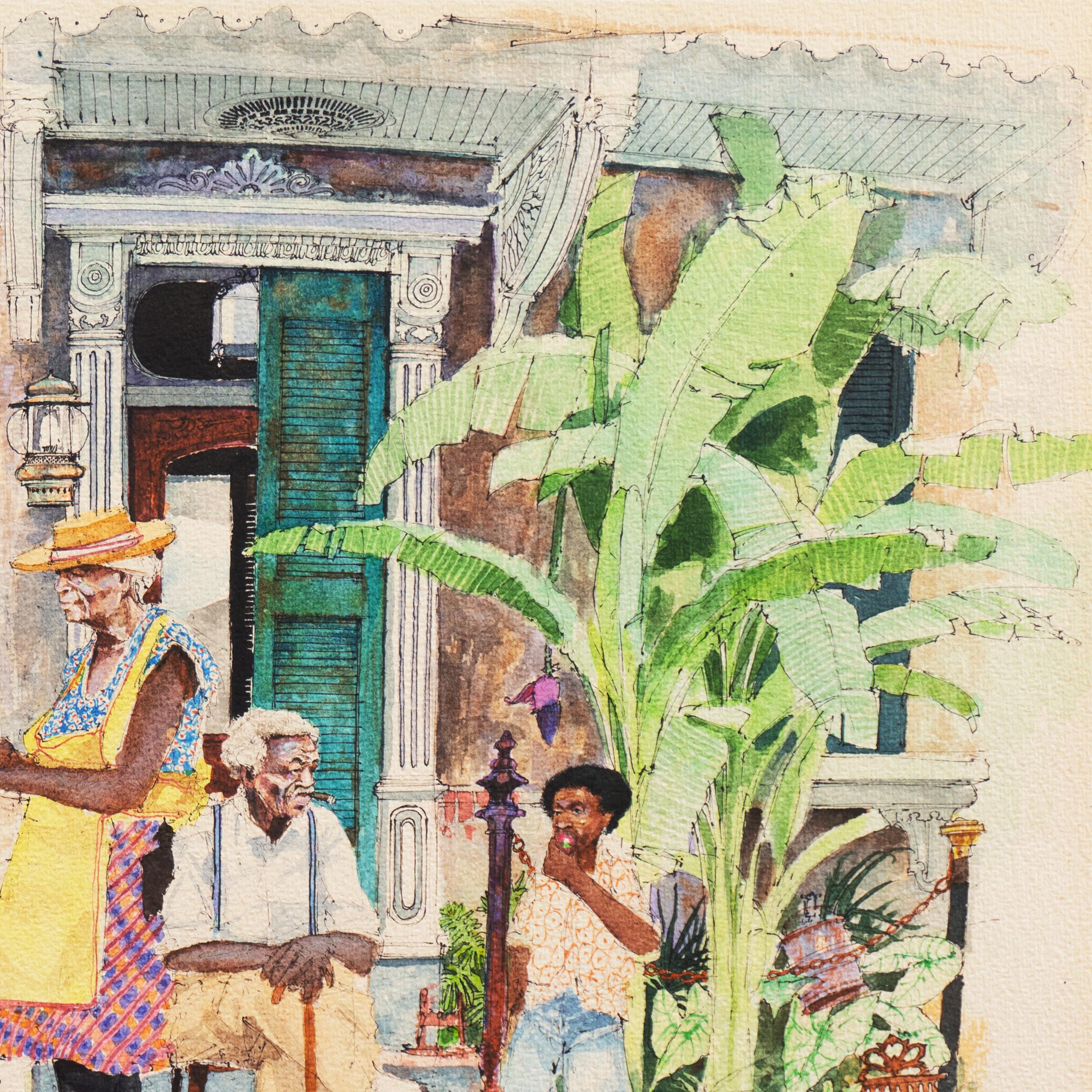 Signed lower right, 'Tommy G Thompson' (American, born 1948), titled, 'Selling Fruit on the Banquette, New Orleans' and dated 1976.

Tommy Thompson first worked as a commercial artist in San Antonio, Texas before working as a full-time fine artist
