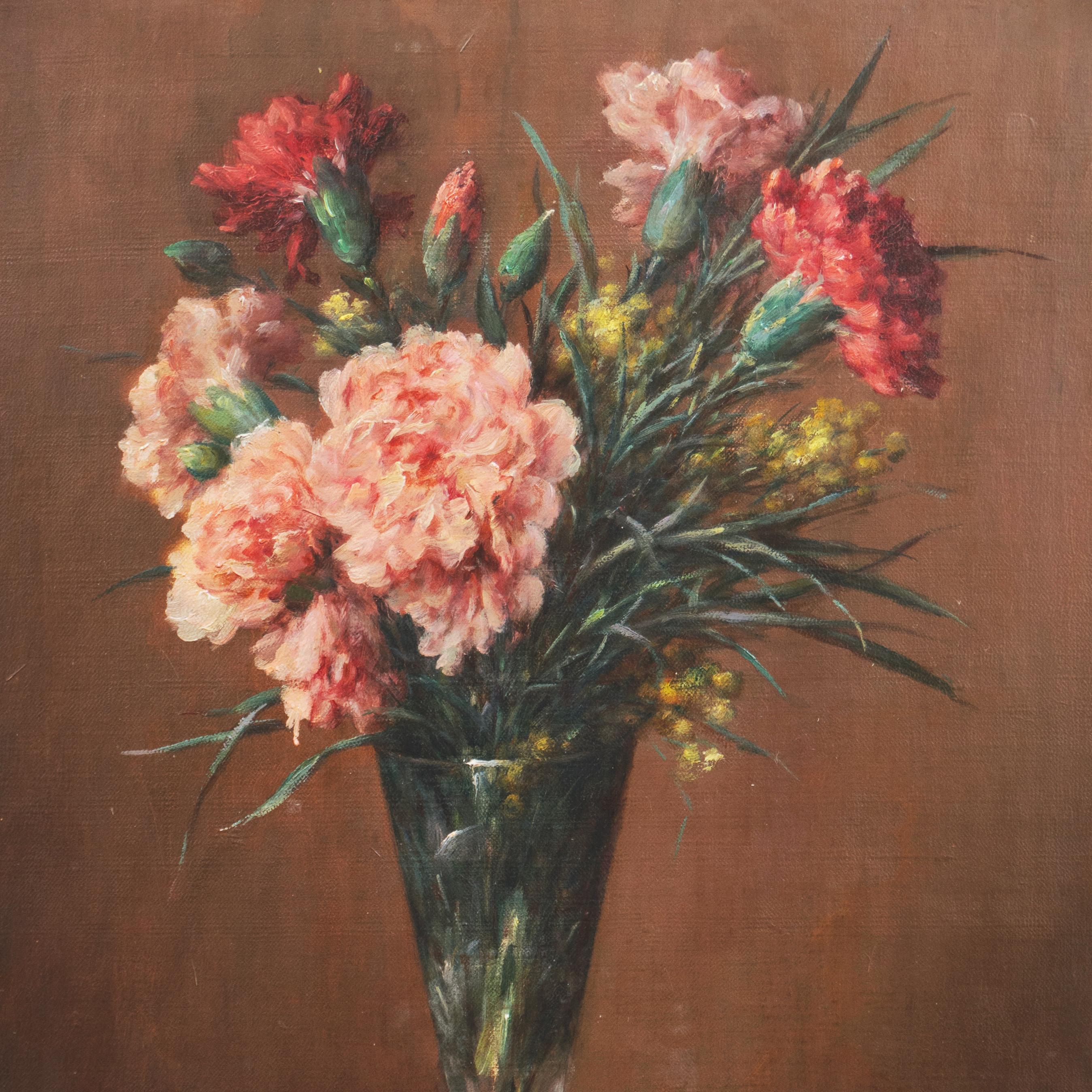 'Pink and Red Carnations', Floral Oil Still Life, Benezit, Paris Salon  - Brown Still-Life Painting by Ernest Emile Damois