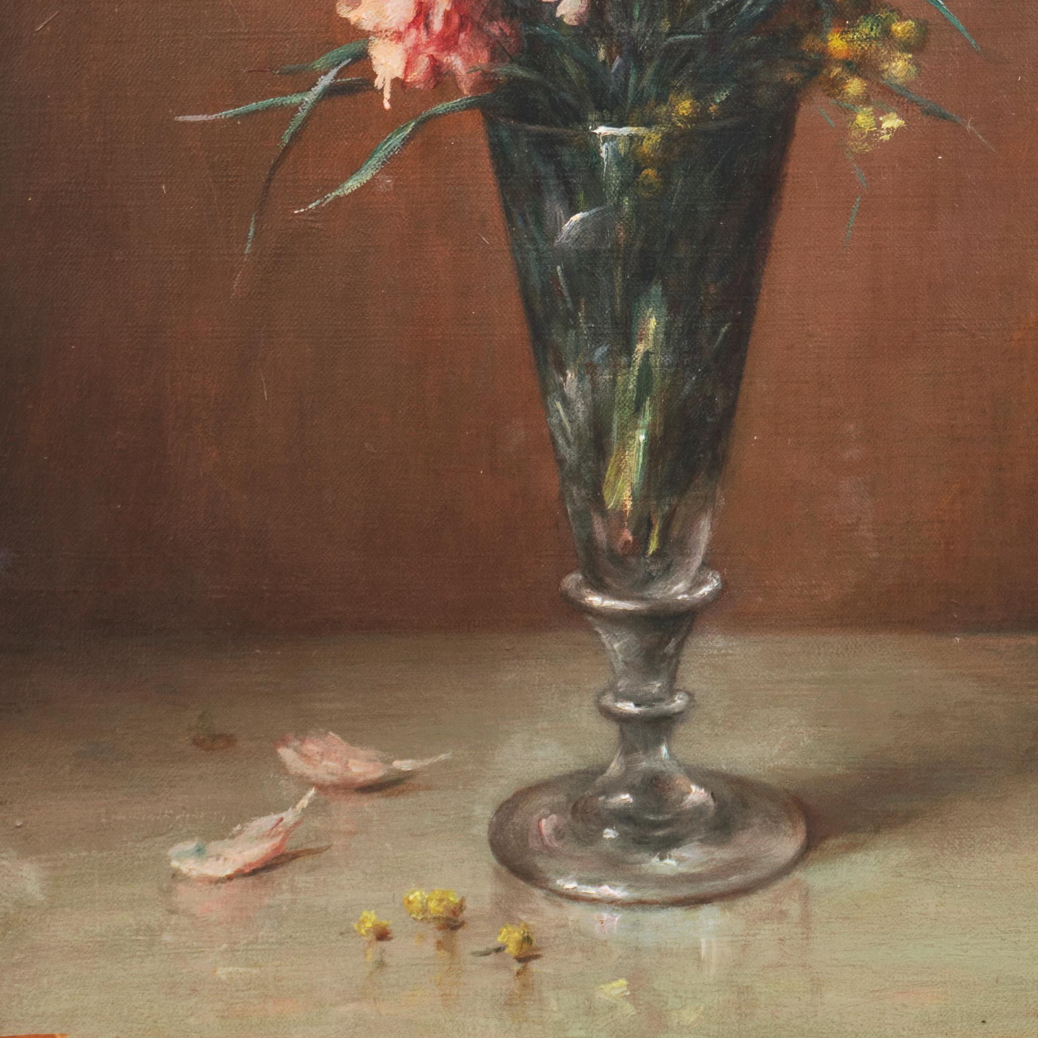 'Pink and Red Carnations', Floral Oil Still Life, Benezit, Paris Salon  - Realist Painting by Ernest Emile Damois