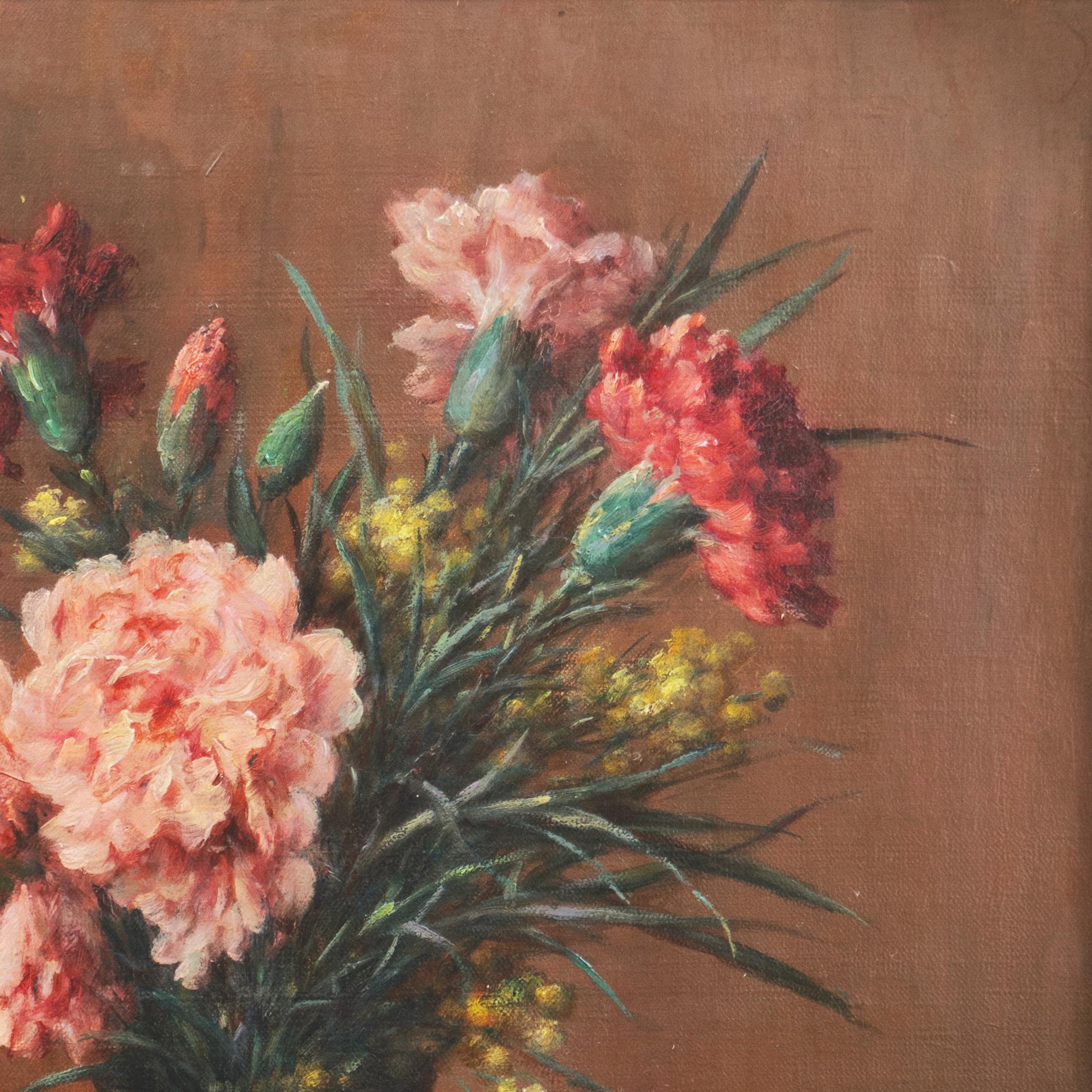 'Pink and Red Carnations', Floral Oil Still Life, Benezit, Paris Salon  1