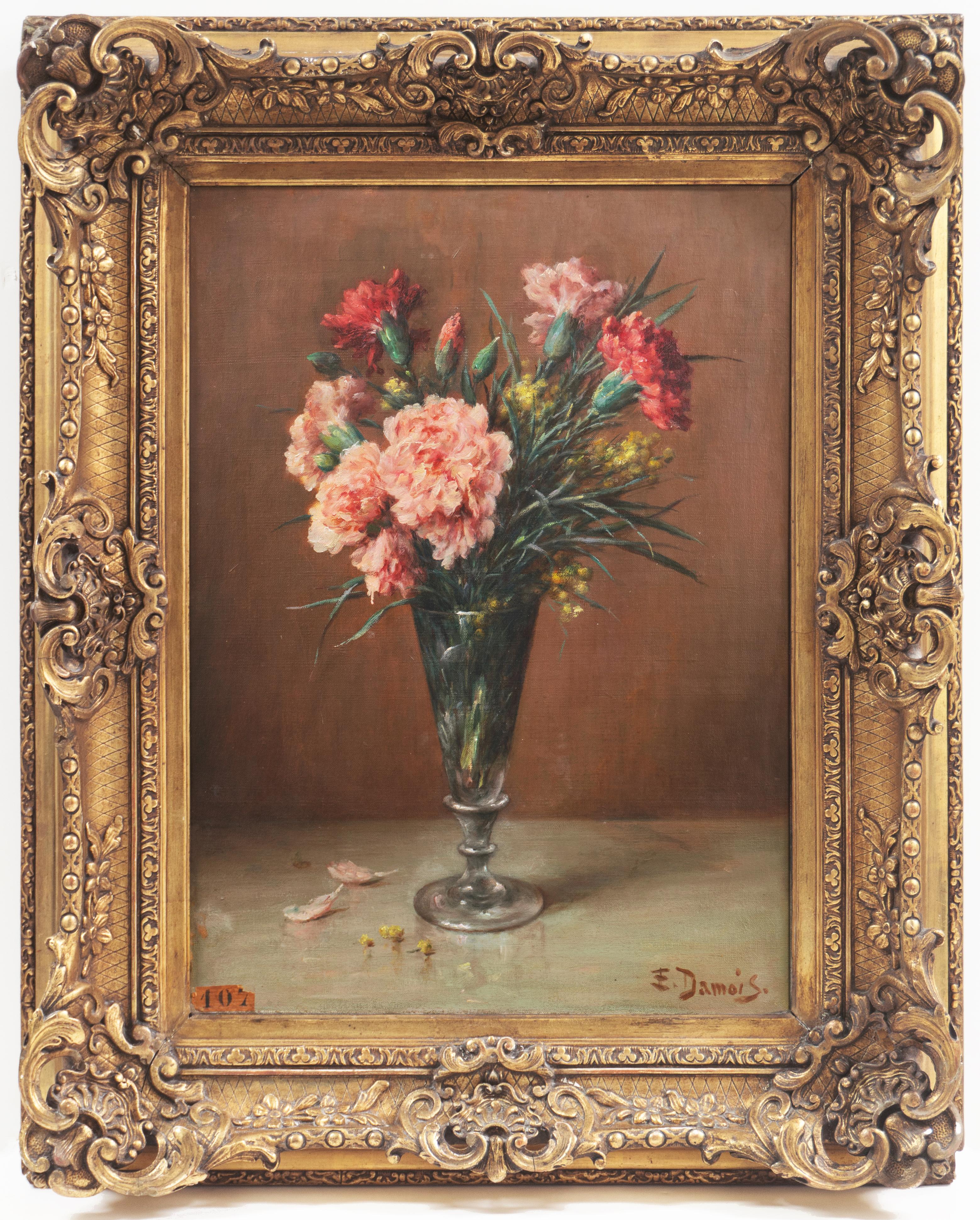 Ernest Emile Damois Still-Life Painting - 'Pink and Red Carnations', Floral Oil Still Life, Benezit, Paris Salon 