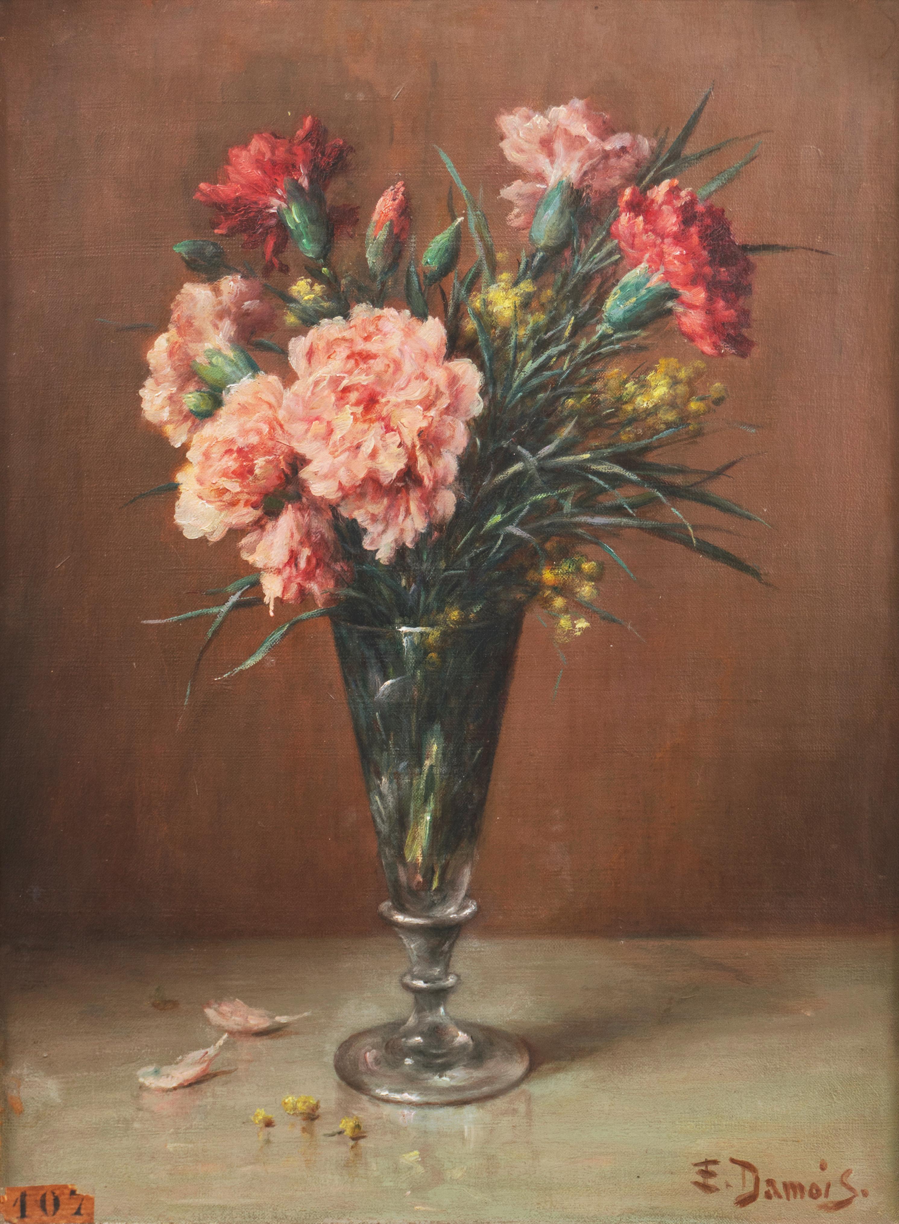 'Pink and Red Carnations', Floral Oil Still Life, Benezit, Paris Salon  - Painting by Ernest Emile Damois