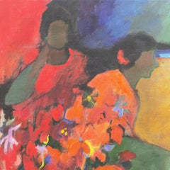 Femmes avec des fleurs", Nature morte florale, moderniste californien de Los Altos