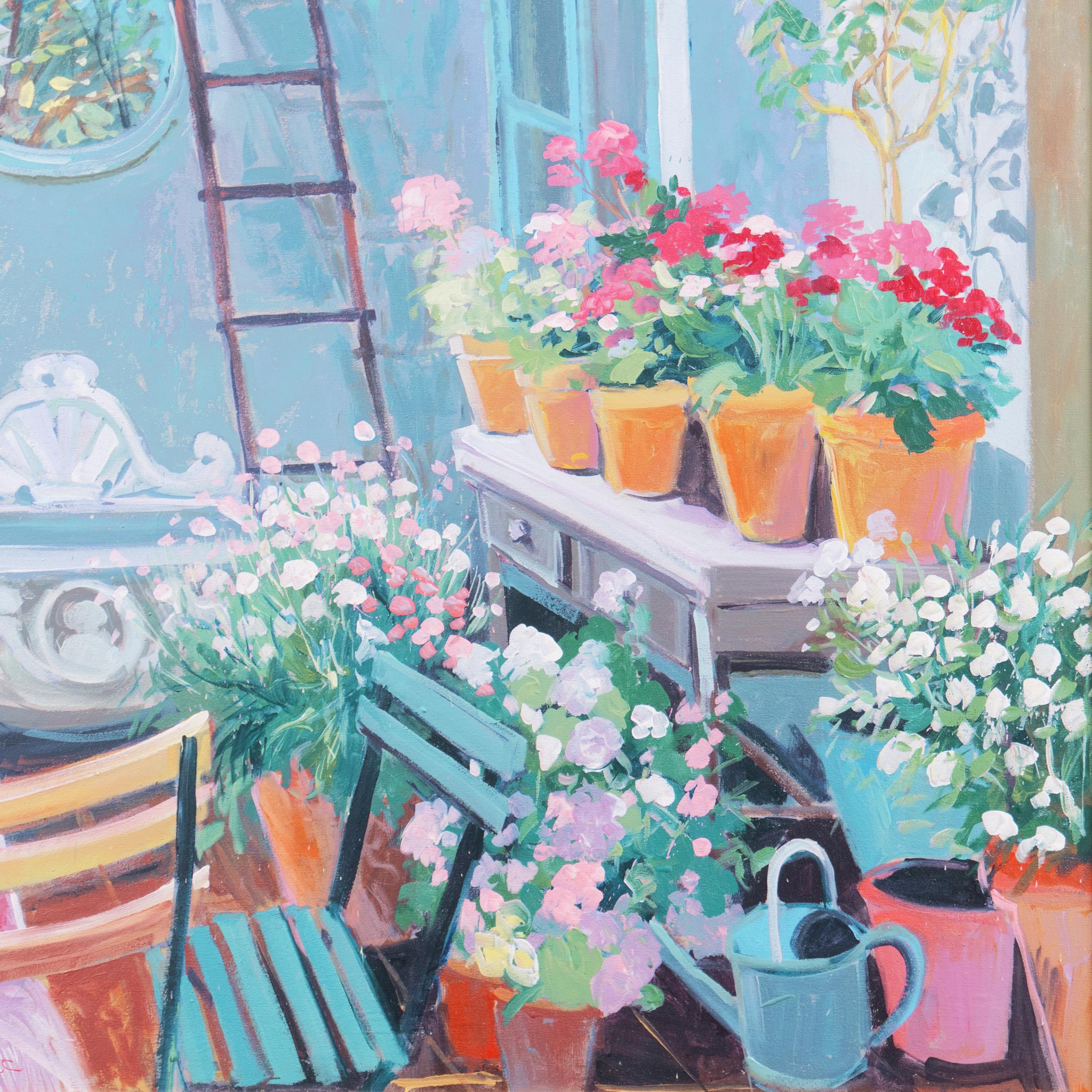 « In the Potting Shed » (Dans le troupeau de cueillette), grande huile florale, California College of Arts and Crafts - Gris Interior Painting par Robert DeVee