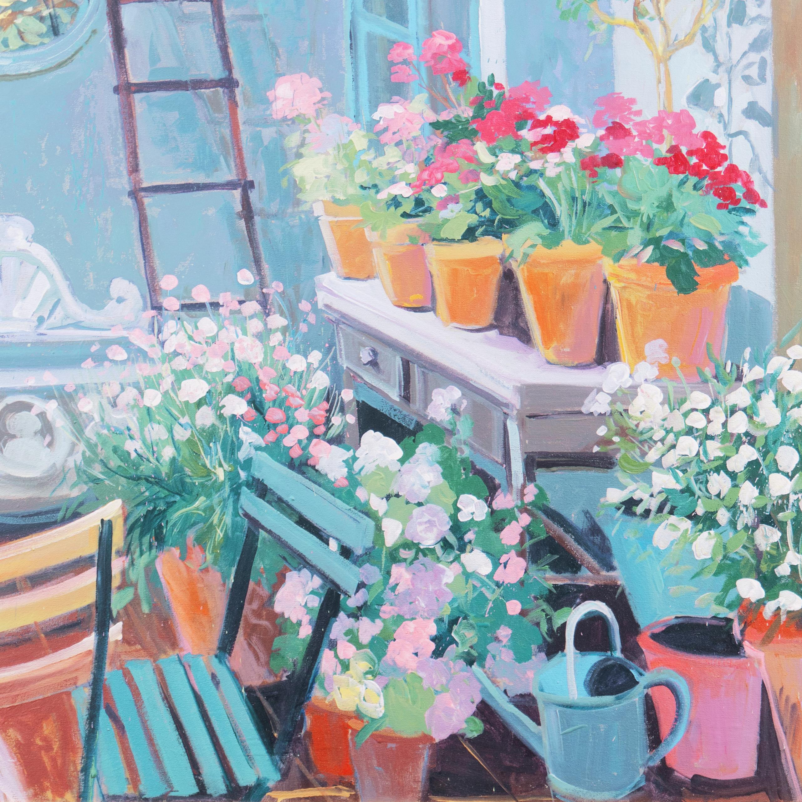 'In the Potting Shed', Large Floral Oil, California College of Arts and Crafts - Post-Impressionist Painting by Robert DeVee