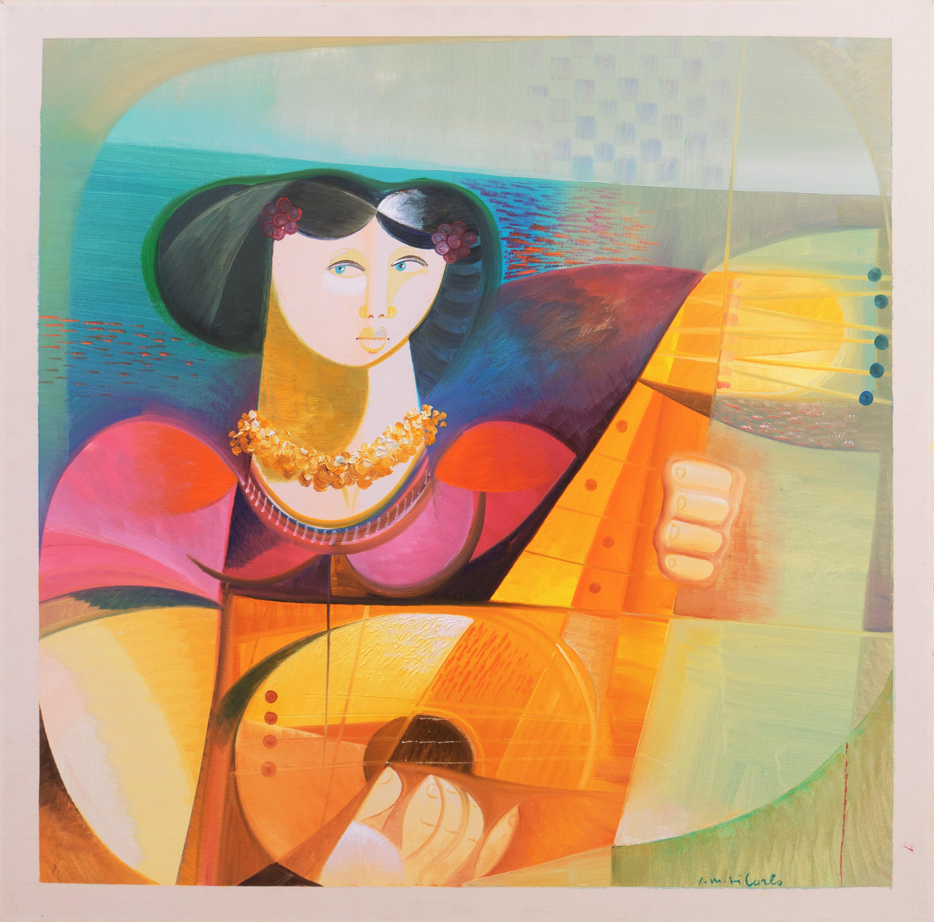« Femme jouant de la luth », Nouveau Mouvement figuratif, Modernisme italien, grande huile - Painting de Vittorio Maria Di Carlo