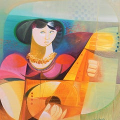 'Woman playing the Lute', Large Oil, New Figurative Movement, Italian Modernism