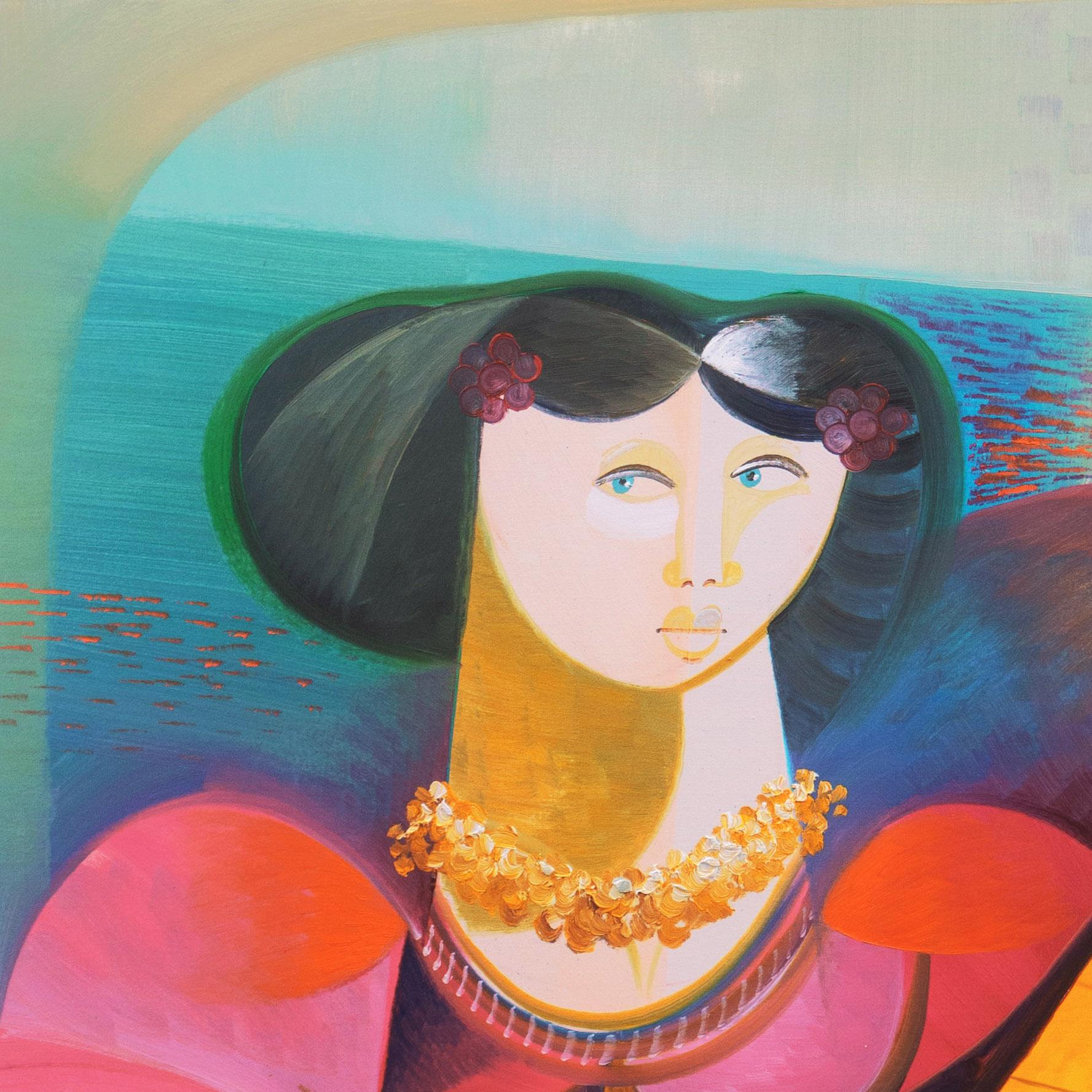 « Femme jouant de la luth », Nouveau Mouvement figuratif, Modernisme italien, grande huile en vente 1