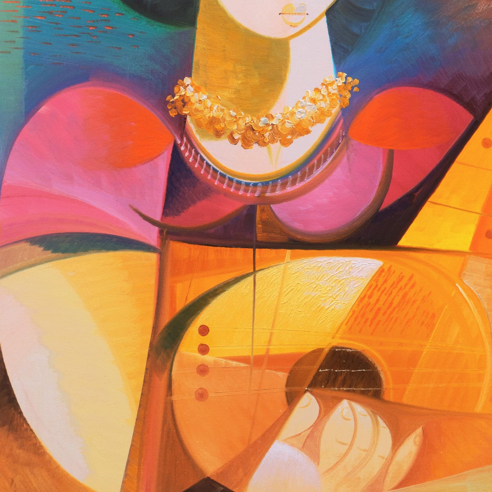 « Femme jouant de la luth », Nouveau Mouvement figuratif, Modernisme italien, grande huile en vente 2