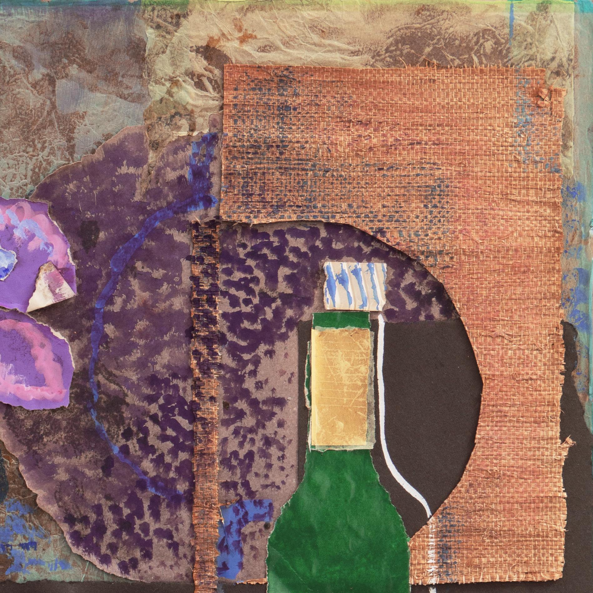 Signed lower right, 'Layton',  for Gray Layton (American, 20th century) and created circa 1965. 

An exuberant and brilliantly colored, Post Impressionist collaged still-life painting comprising a bouquet of lilac blossoms, shown informally arranged