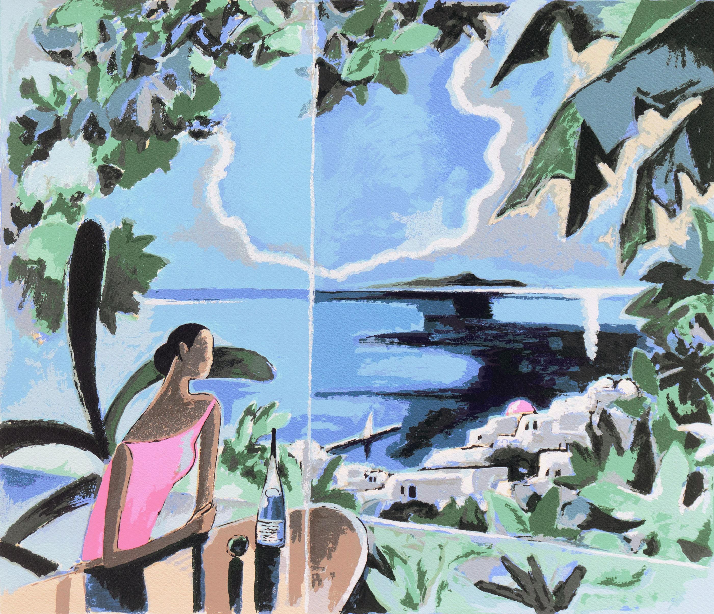Yoshito Hirano Landscape Print - 'A Comfortable Place, Santorini', Agaean Sea, Greece, Japanese