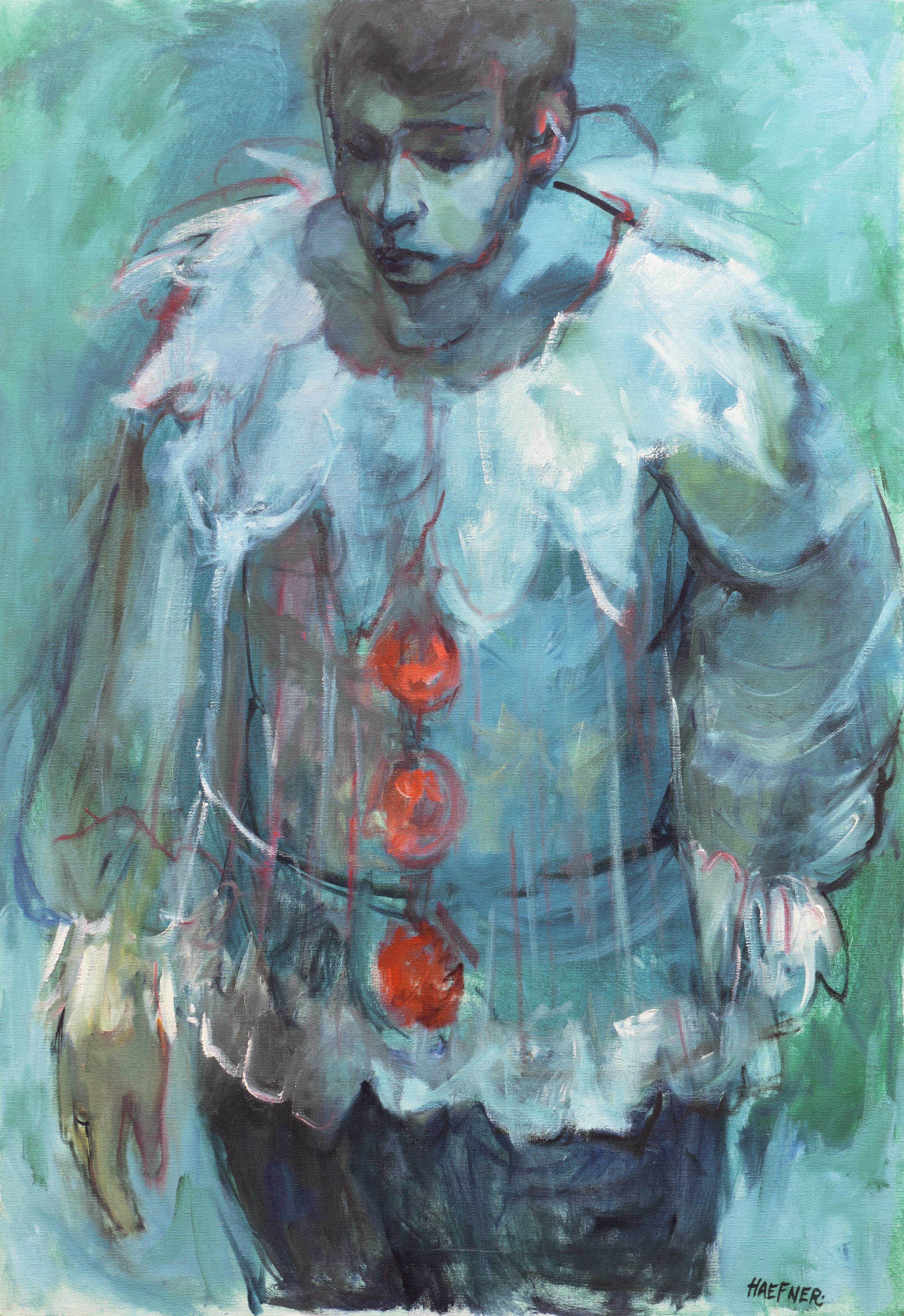 „Blauer Pierrot“, großes figurales Ölgemälde, kalifornische Moderne, Künstlerin als Frau, Los Altos