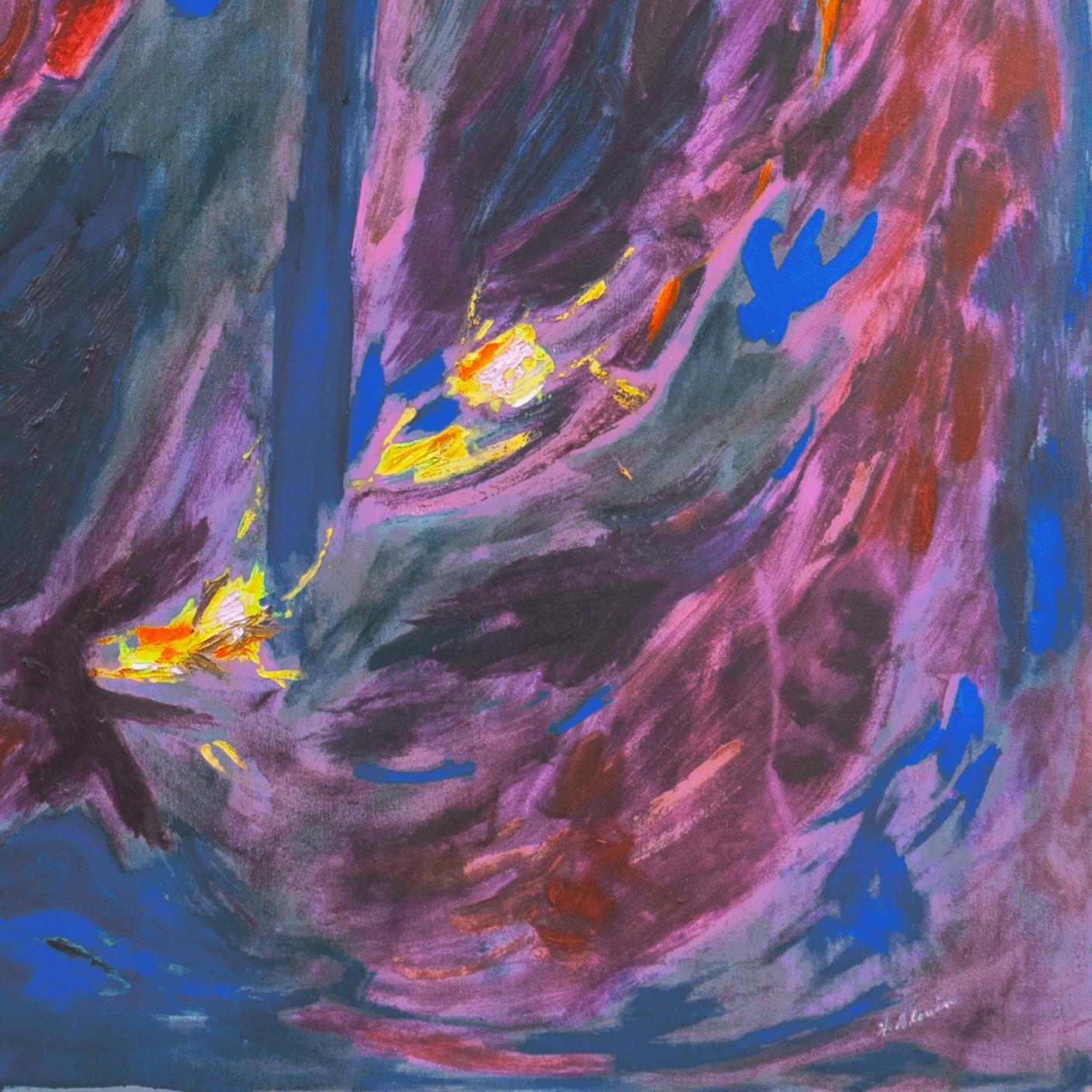 Signed lower right, 'H. Blouin' and painted circa 1975.

A substantial oil abstract comprising dynamic, flame-like swirls of violet, yellow, scarlet and blue appearing to define a central charcoal sphere. 
