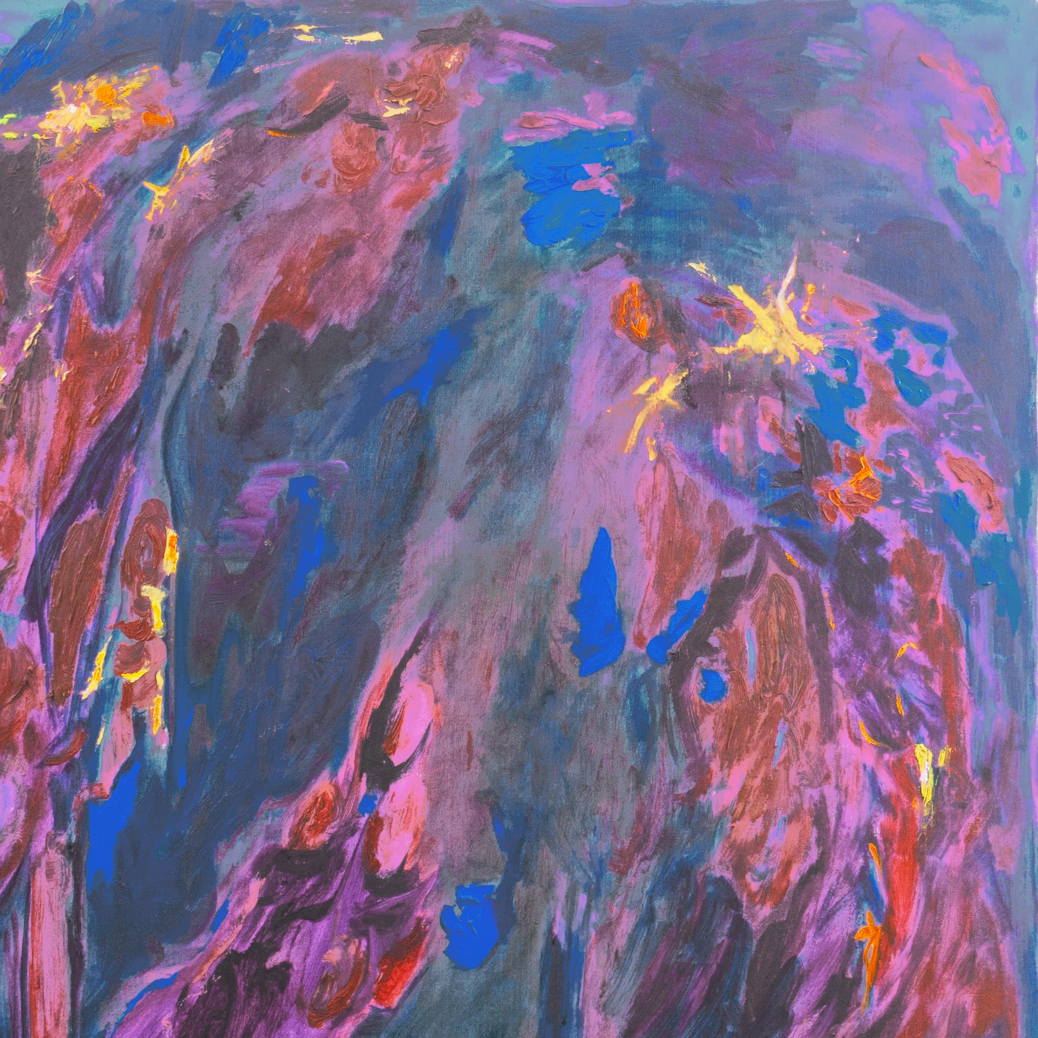 'Abstract, Indigo and Violet', Large 1970's American Action Abstract Oil - Abstract Expressionist Painting by H. Blouin