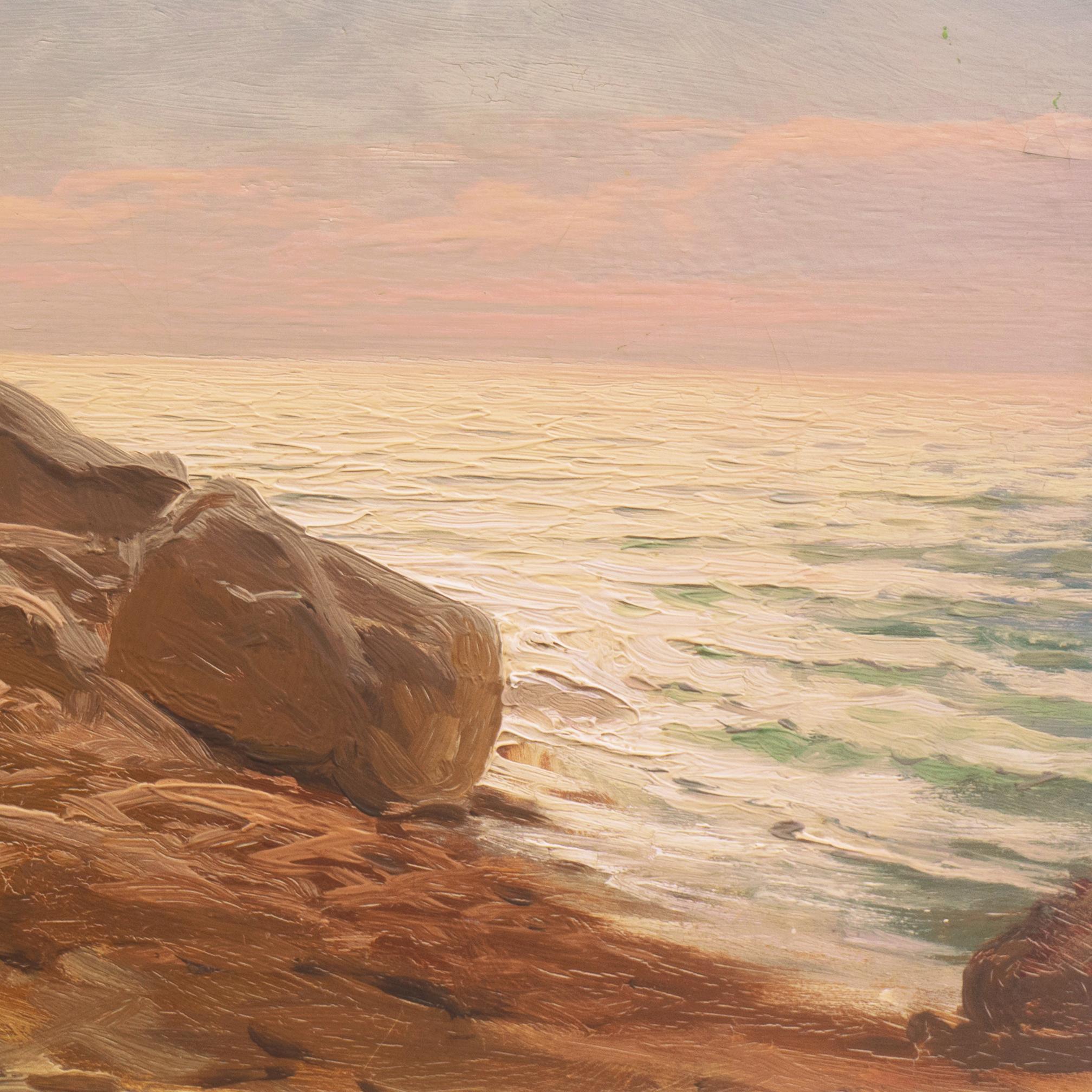 'Evening Light, Rocky Shore', paysage marin impressionniste de l'école américaine, Pacifique  en vente 1