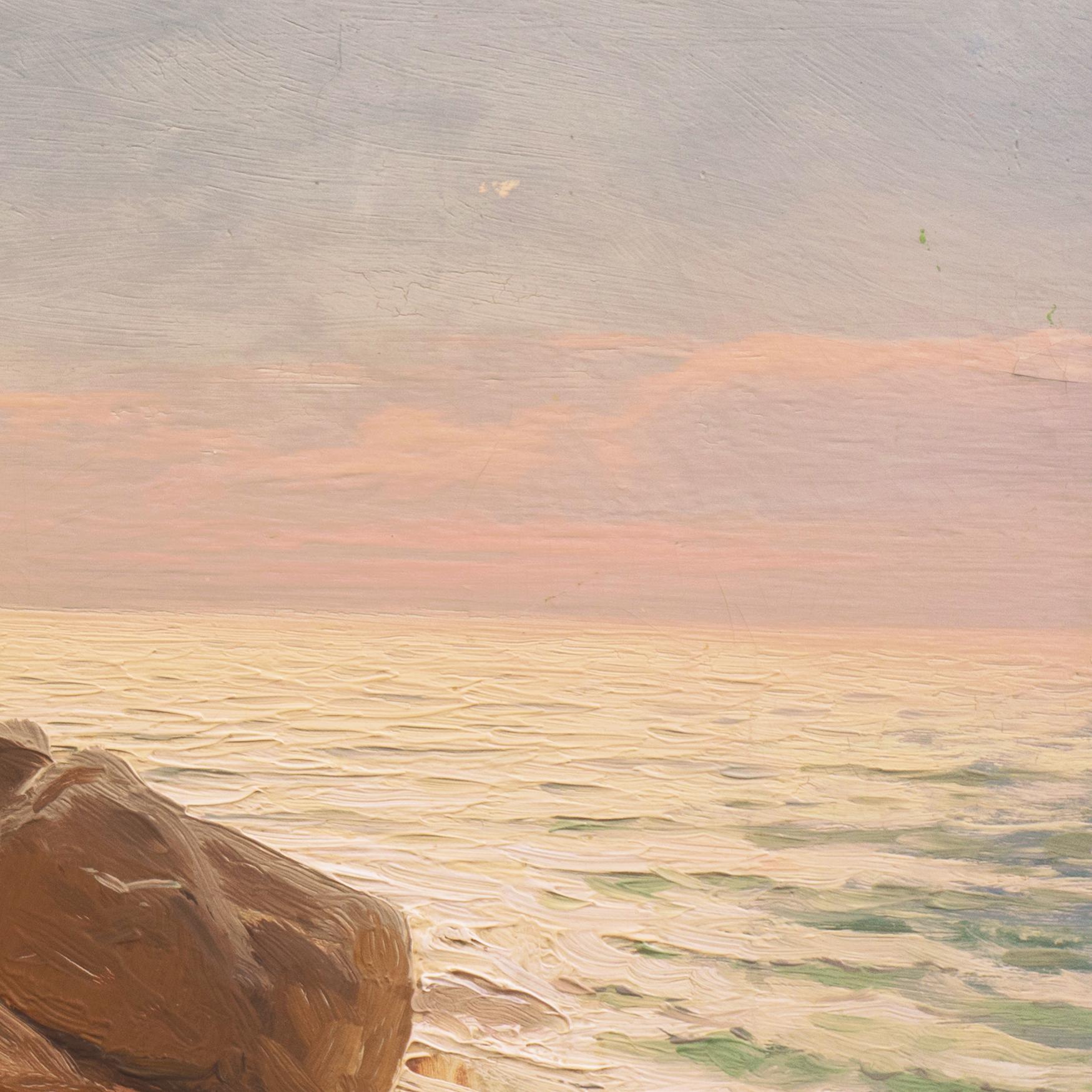 'Evening Light, Rocky Shore', paysage marin impressionniste de l'école américaine, Pacifique  - Beige Landscape Painting par American School