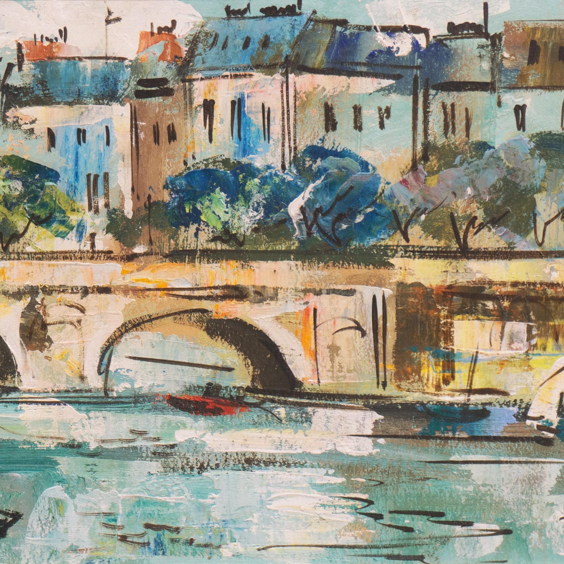 'Pont Marie, the Seine', School of Paris, Parisian Oil Landscape, Cityscape - Brown Landscape Painting by Bardot