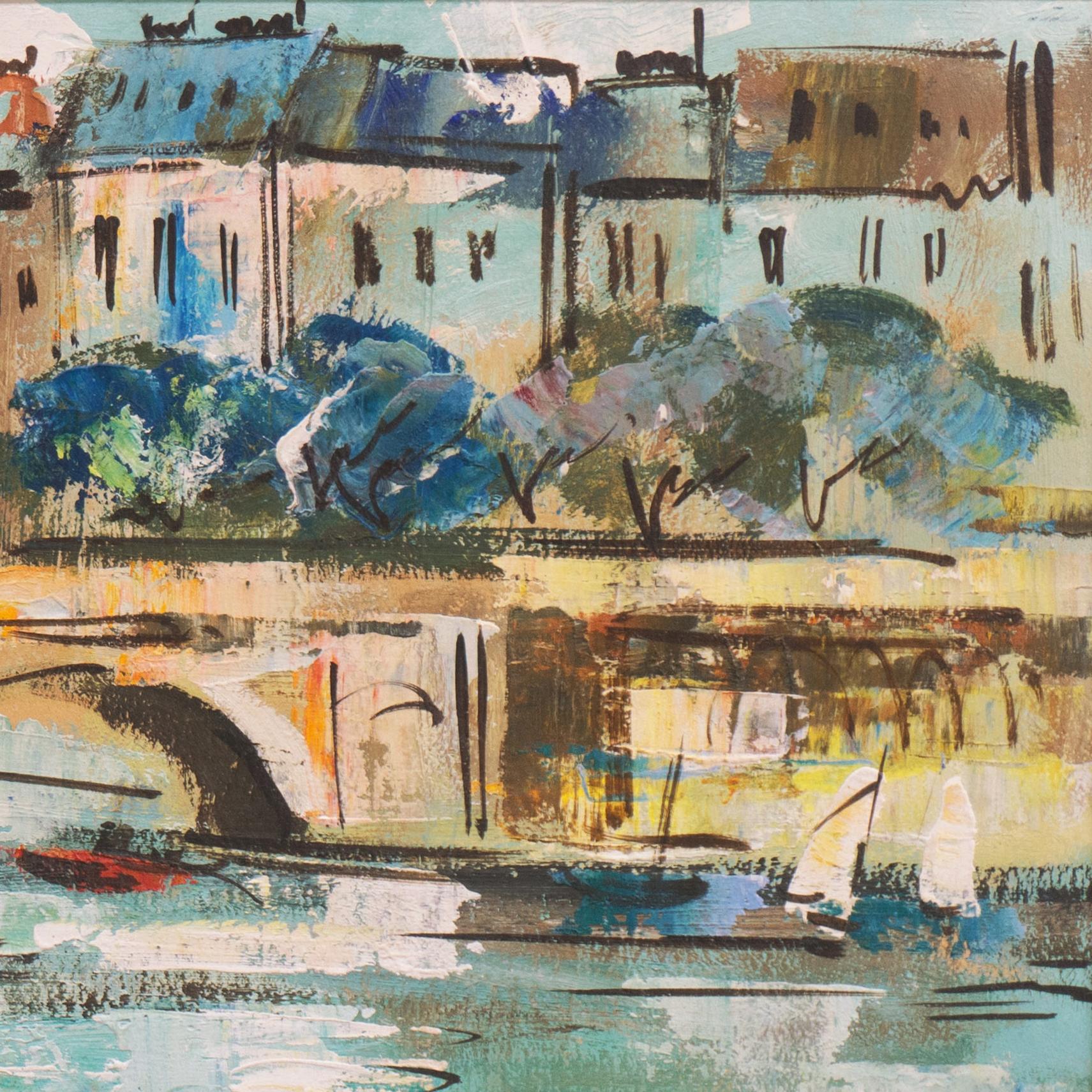 Signed lower right, 'Bardot' (French, 20th century) and painted circa 1985.
Framed dimensions: 15 H x 33.25 W x 2 D inches.

A panoramic view of the Seine with figures overlooking the balustrade, a sailing boat on the river and a view of buildings