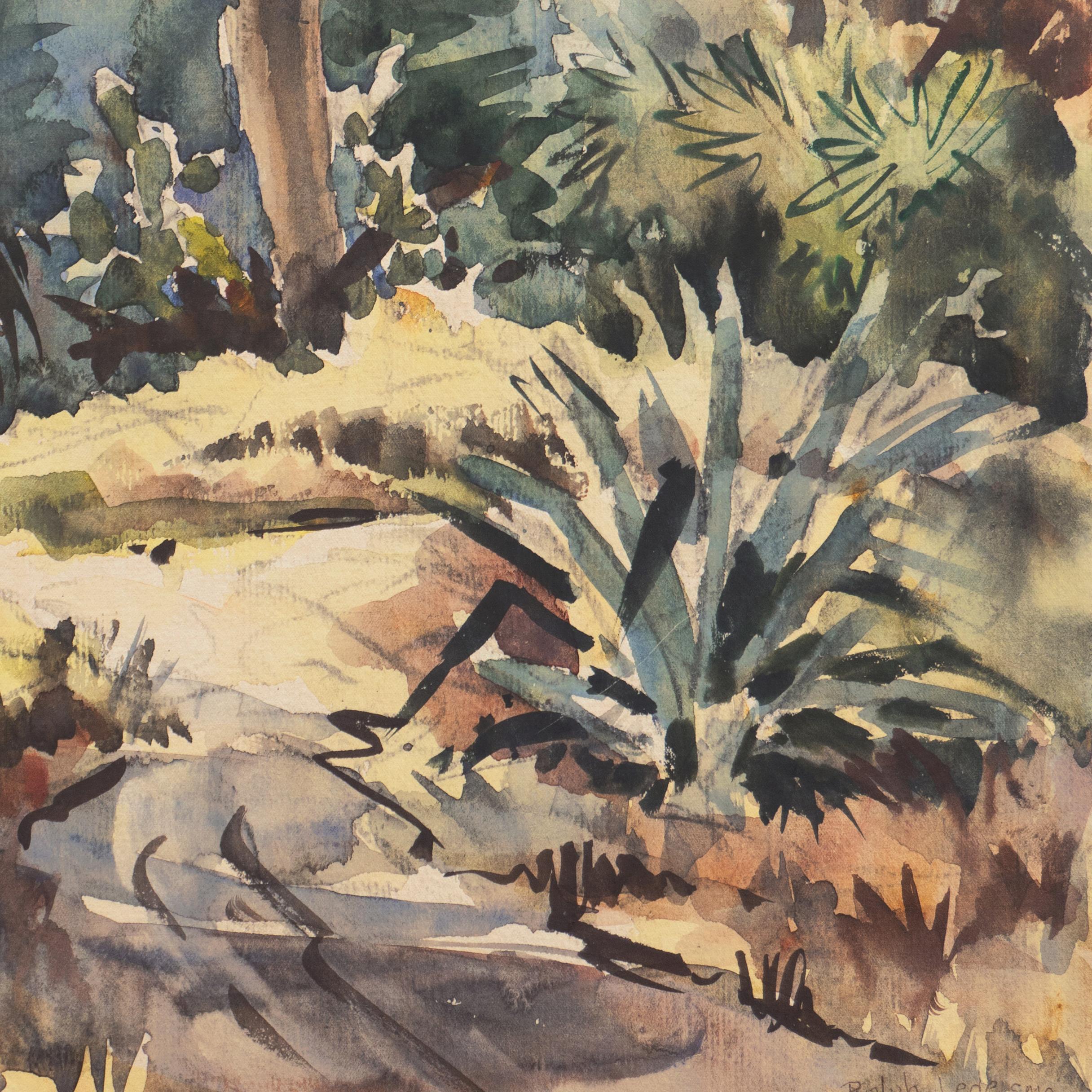 Signed lower right, 'Ralph Ledesma' (American, 1910-1993) and painted circa 1950.

An impressionist watercolor showing a view of a Southern California garden with palm trees and agave. 

Ralph Ledesma was born in Hawaii and moved to California as a