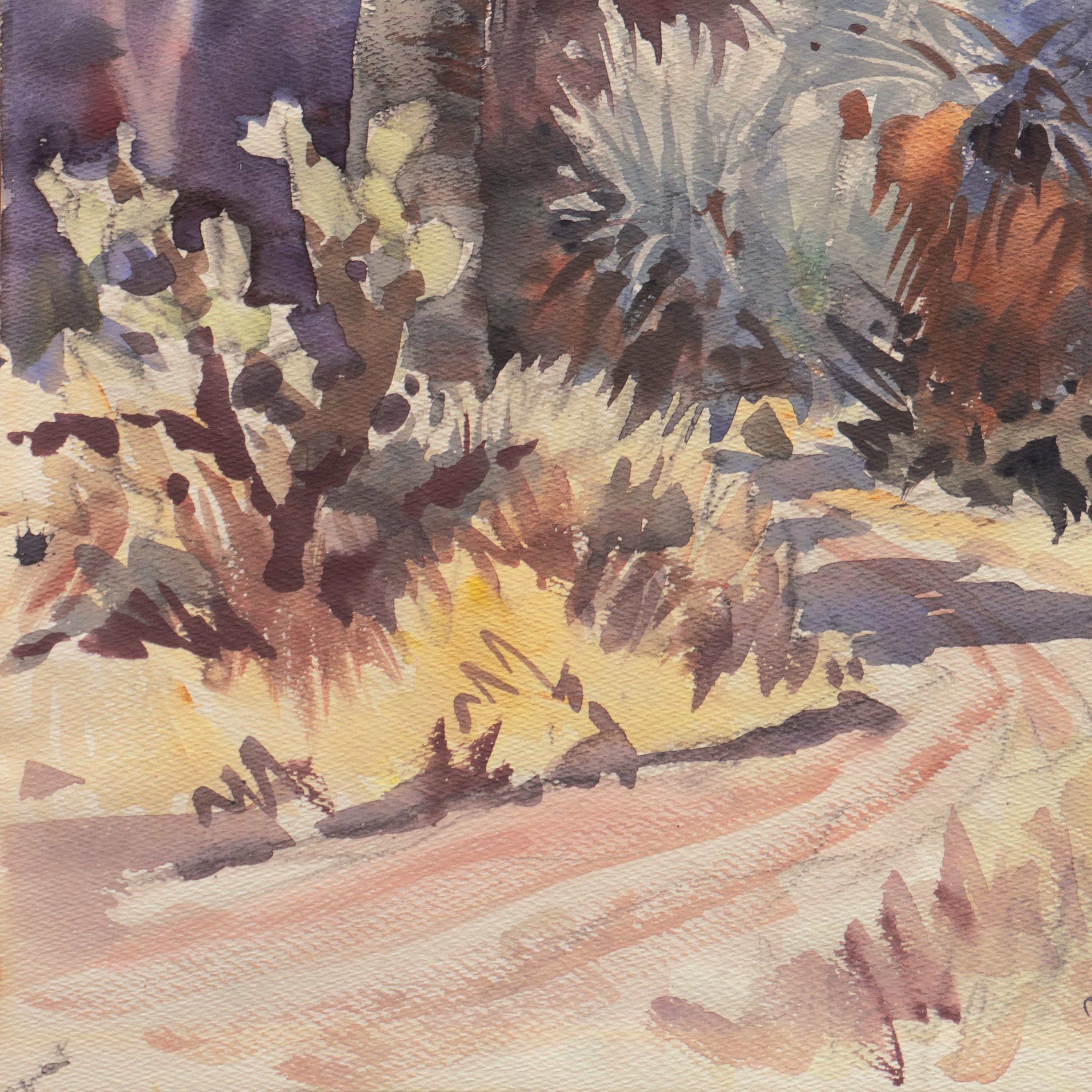 Signed lower right, 'R. Ledesma' for Ralph Ledesma (American, 1910-1993) and painted circa 1950.

An Impressionist style watercolor showing a view of a Southern California garden with palm trees and agave and other desert plants. 

Ralph Ledesma was
