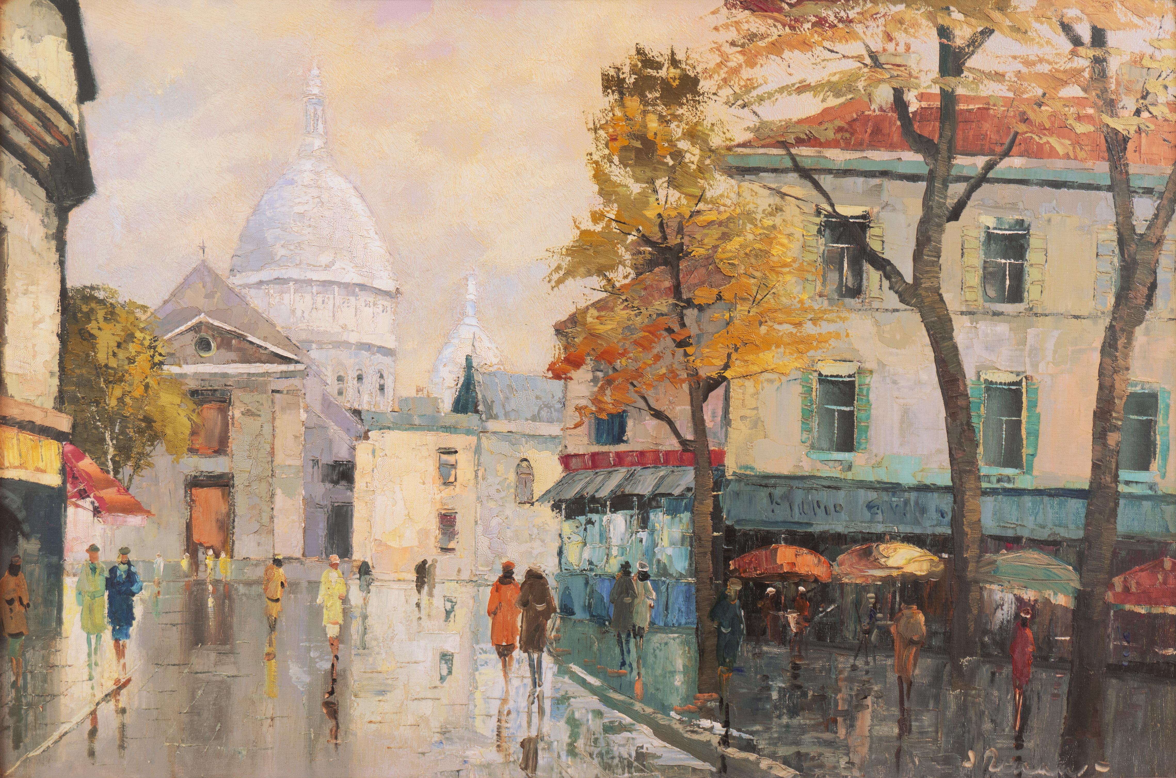 'Jour de pluie à Paris, Montmartre avec vue sur le Sacré-Cœur', grande huile encadrée - Painting de Andre Renault