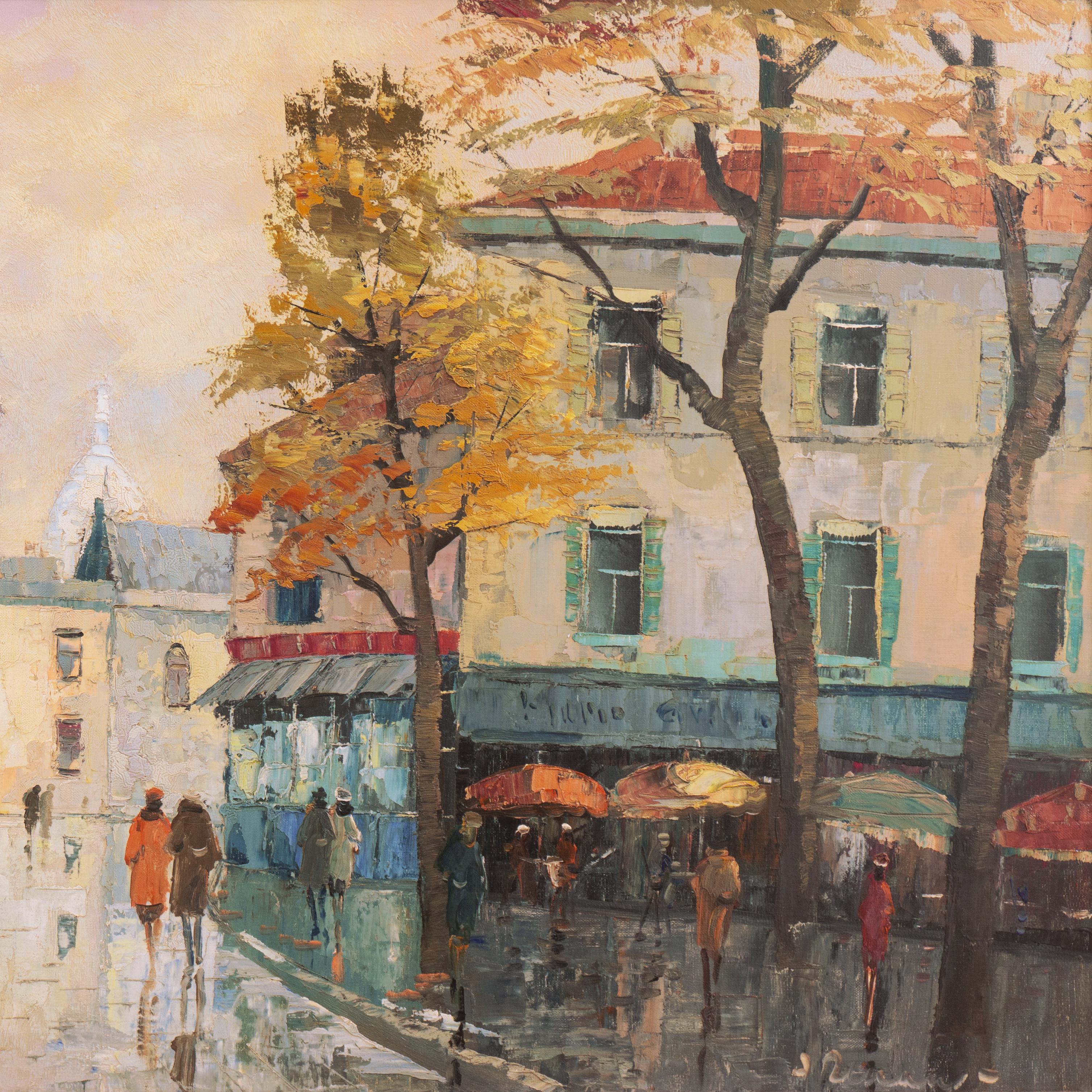 'Rainy Day in Paris, Montmartre with a View of Sacré-Cœur', Large Framed Oil - Brown Landscape Painting by Andre Renault