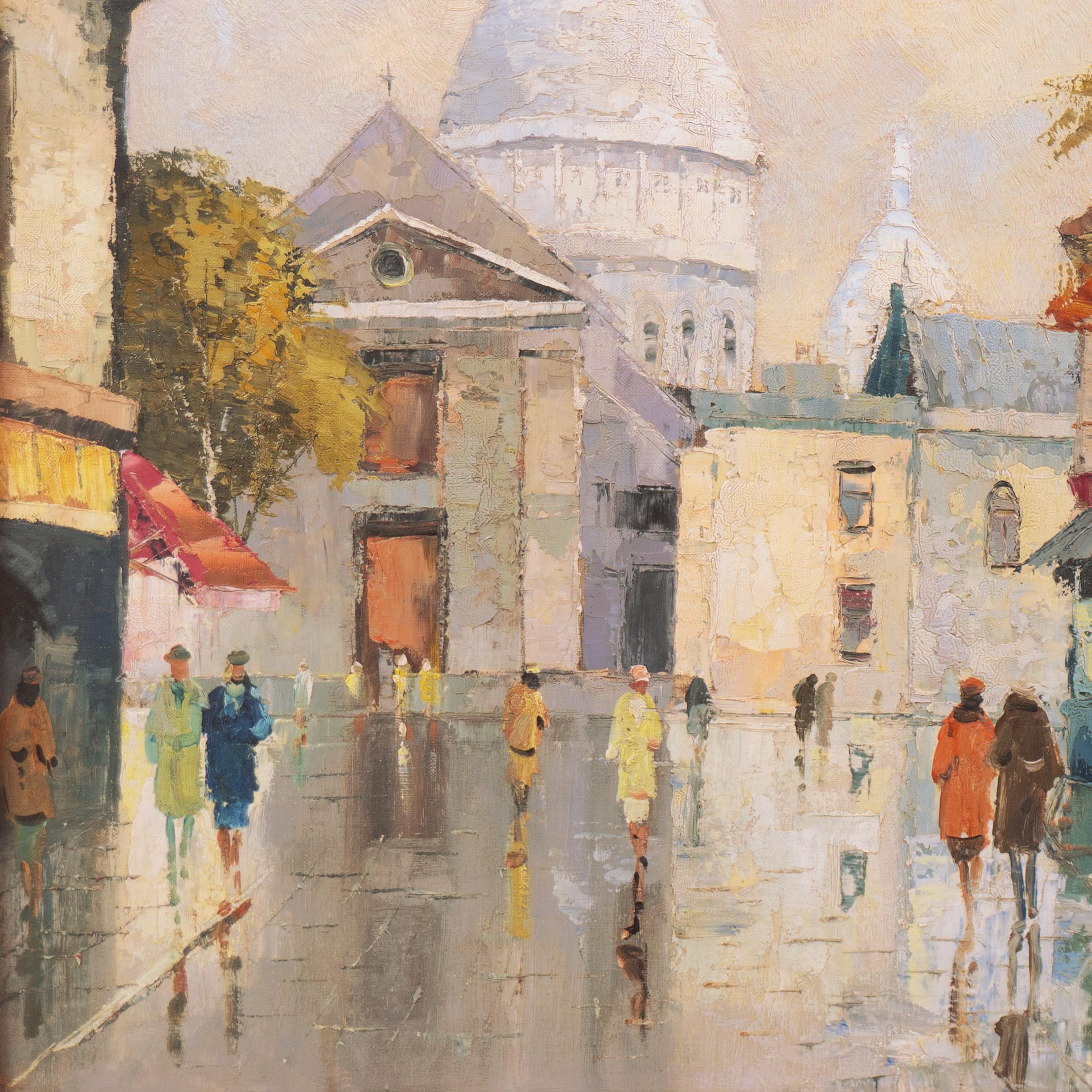 'Jour de pluie à Paris, Montmartre avec vue sur le Sacré-Cœur', grande huile encadrée - Marron Landscape Painting par Andre Renault
