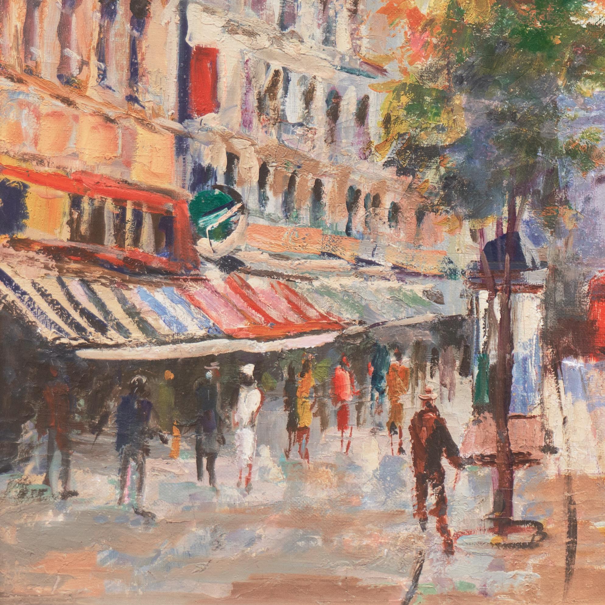Signed lower right, 'Boucher' (French, 20th century) and painted circa 1960.

A bright and breezy, mid-century oil showing numerous shoppers and pedestrians outside the fashionable shops and cafes of the Champs-Élysées with a view towards the the
