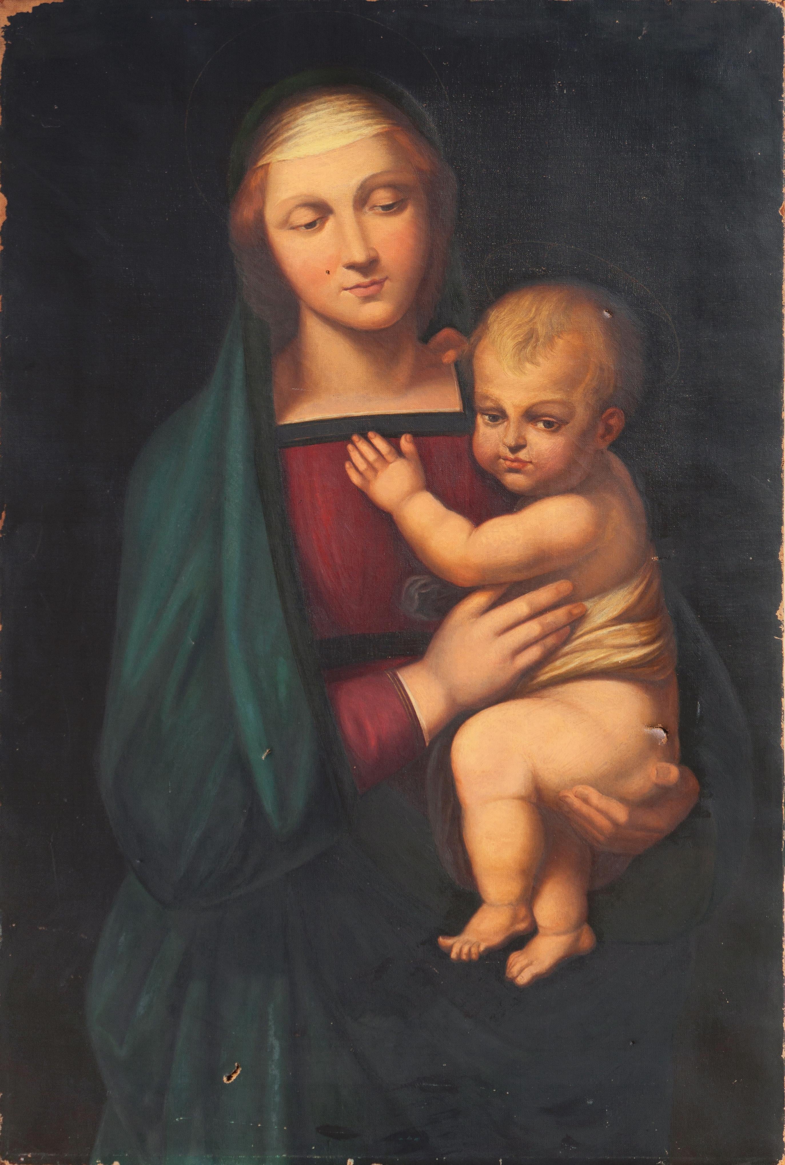 Unknown Portrait Painting - 'Madonna and Child', Large oil after Raphael, Italian Renaissance, Urbino