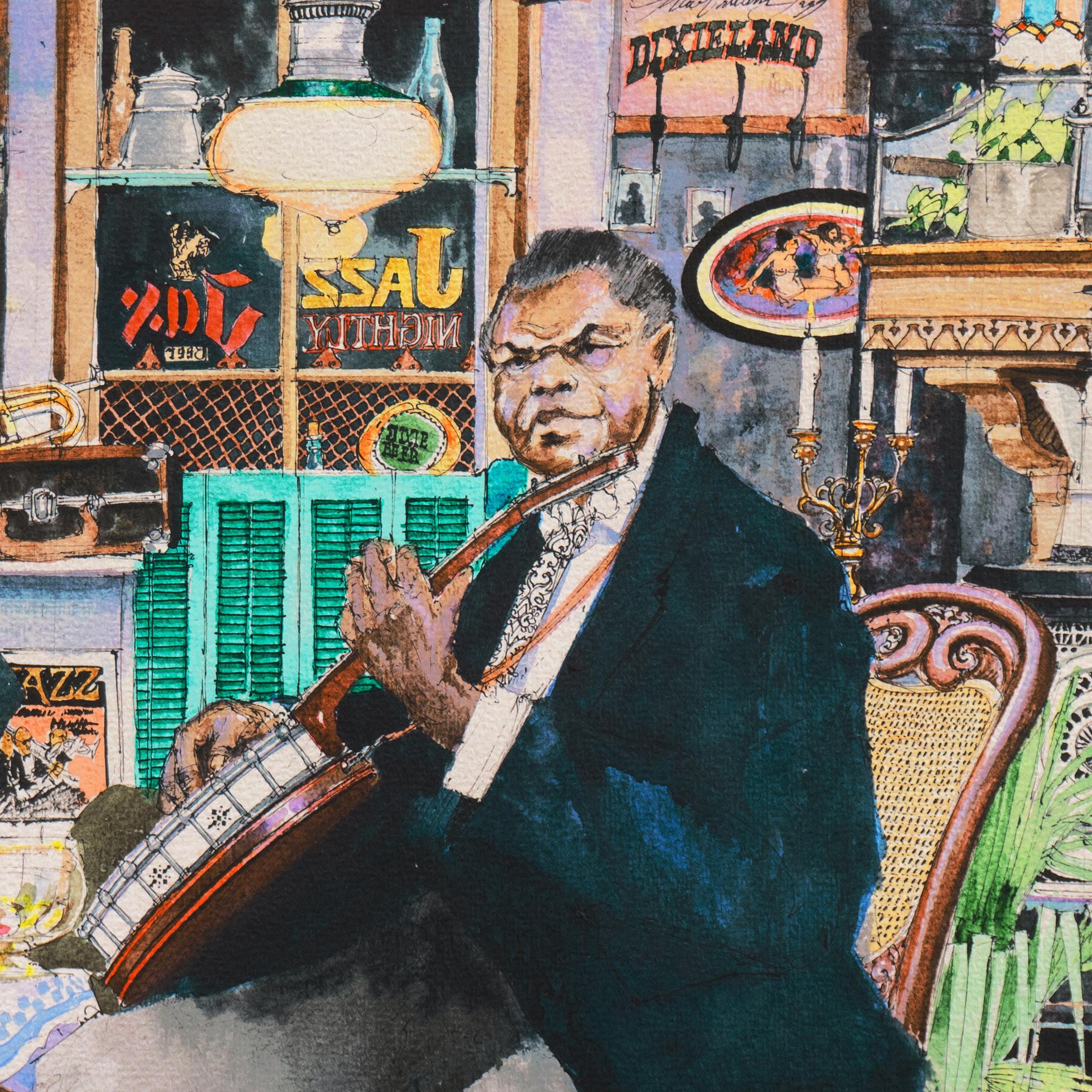Signed lower right, 'Tommy G Thompson' (American, born 1948), titled, 'Old Jazzman on Banjo, from a live study on Bourbon St.' and dated 1976.  An exceptionally fine and original watercolor by this legendary painter of the New Orleans jazz scene.