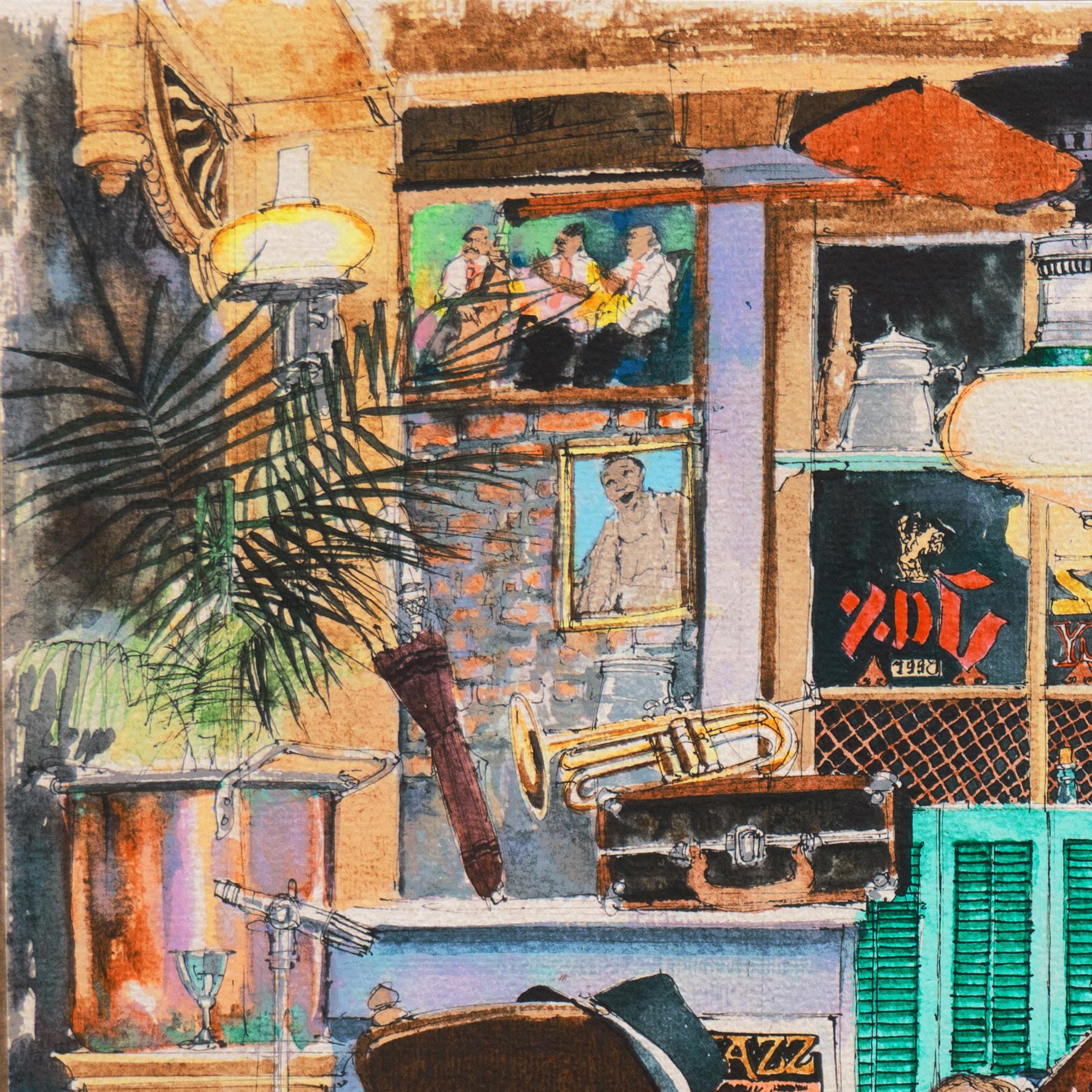 'Jazz Musician with Banjo, Bourbon Street', New Orleans French Quarter - Brown Figurative Art by Tommy Thompson