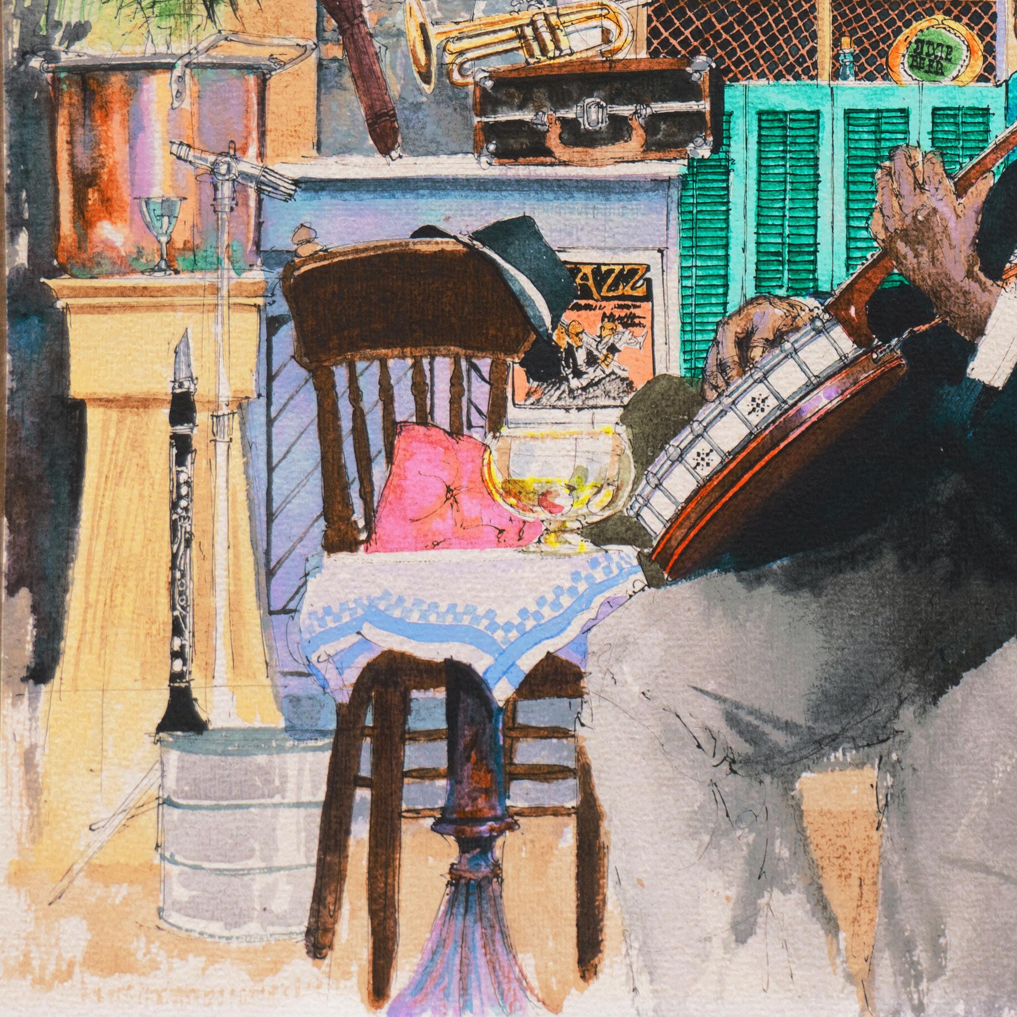 'Jazz Musician with Banjo, Bourbon Street', New Orleans French Quarter - Impressionist Art by Tommy Thompson